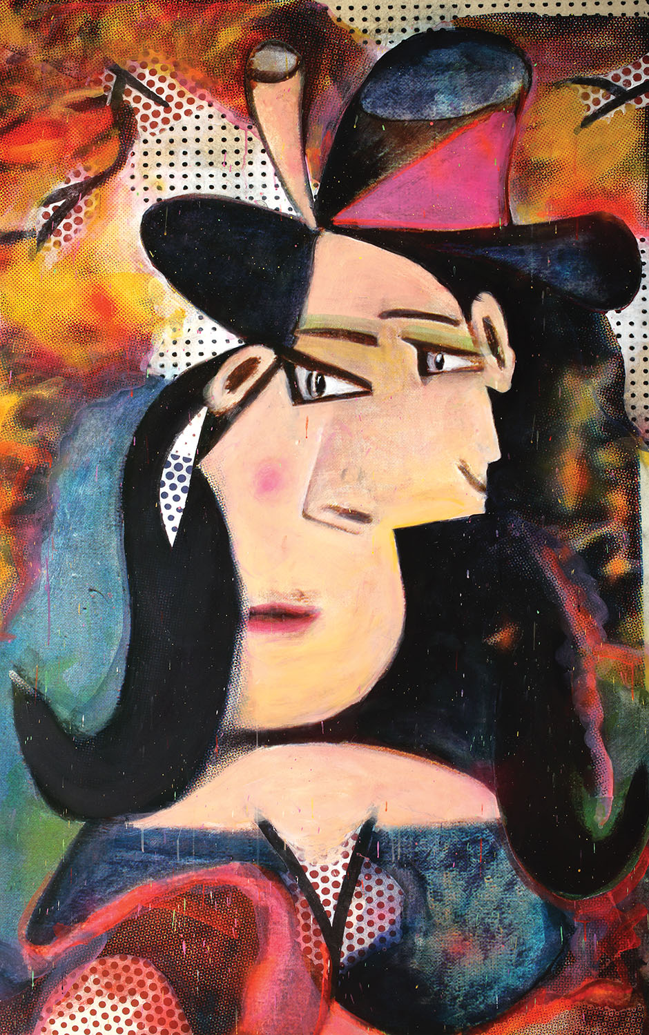 Two Faces Have I, 2019 Paper collage with embellishments on museum board, 19 ½ x 12 in. Original acrylic with embellishments on canvas 