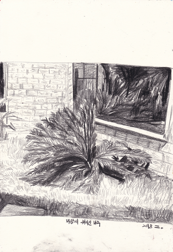 바람에 휘어진 나무, 2018, pencil on paper, 29.7*21(cm)