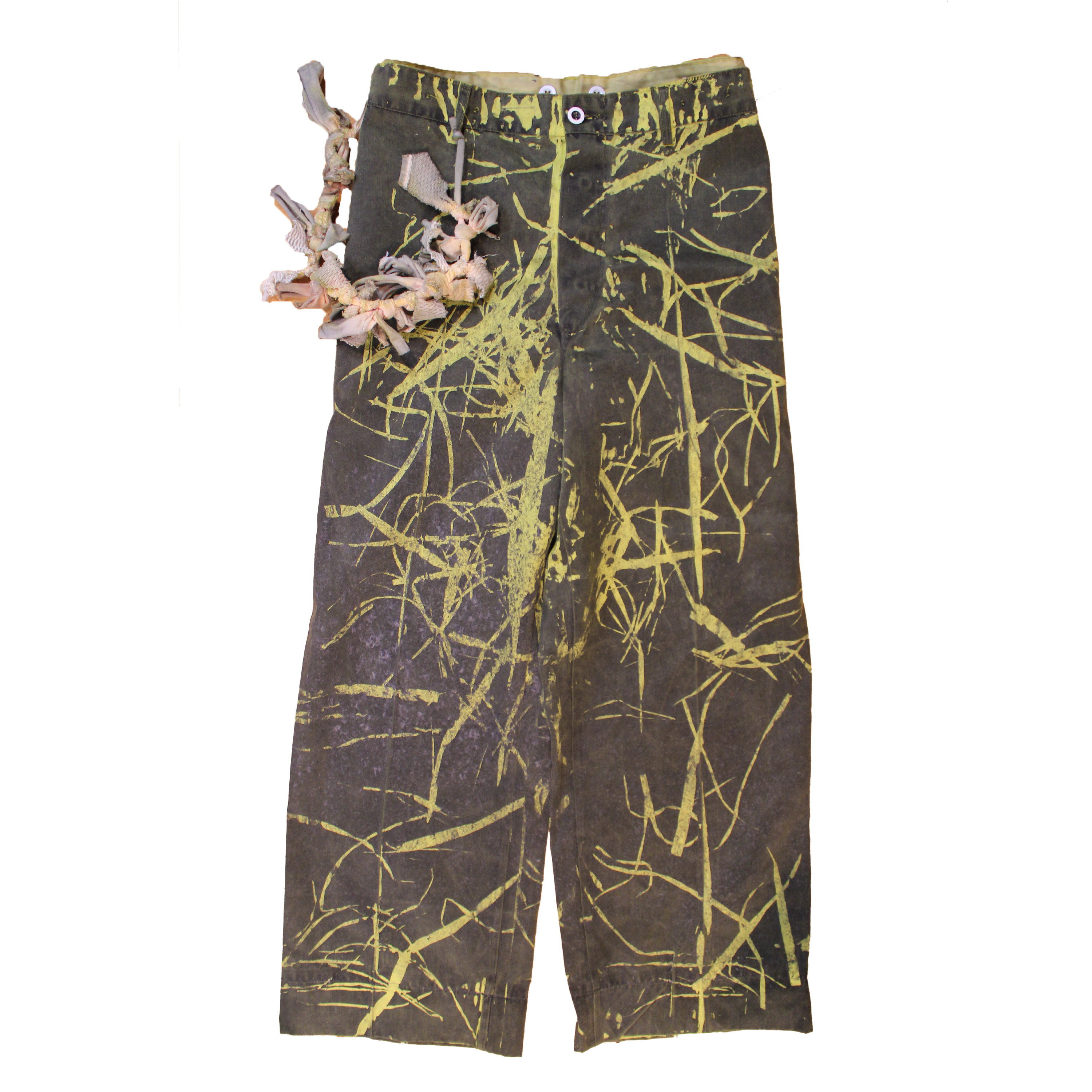 reclaimed vintage surplus denim screen printed with textile dye & various metals. tailored for straight/wide fit. fitted with custom keychain, scrap chain, and leather patches