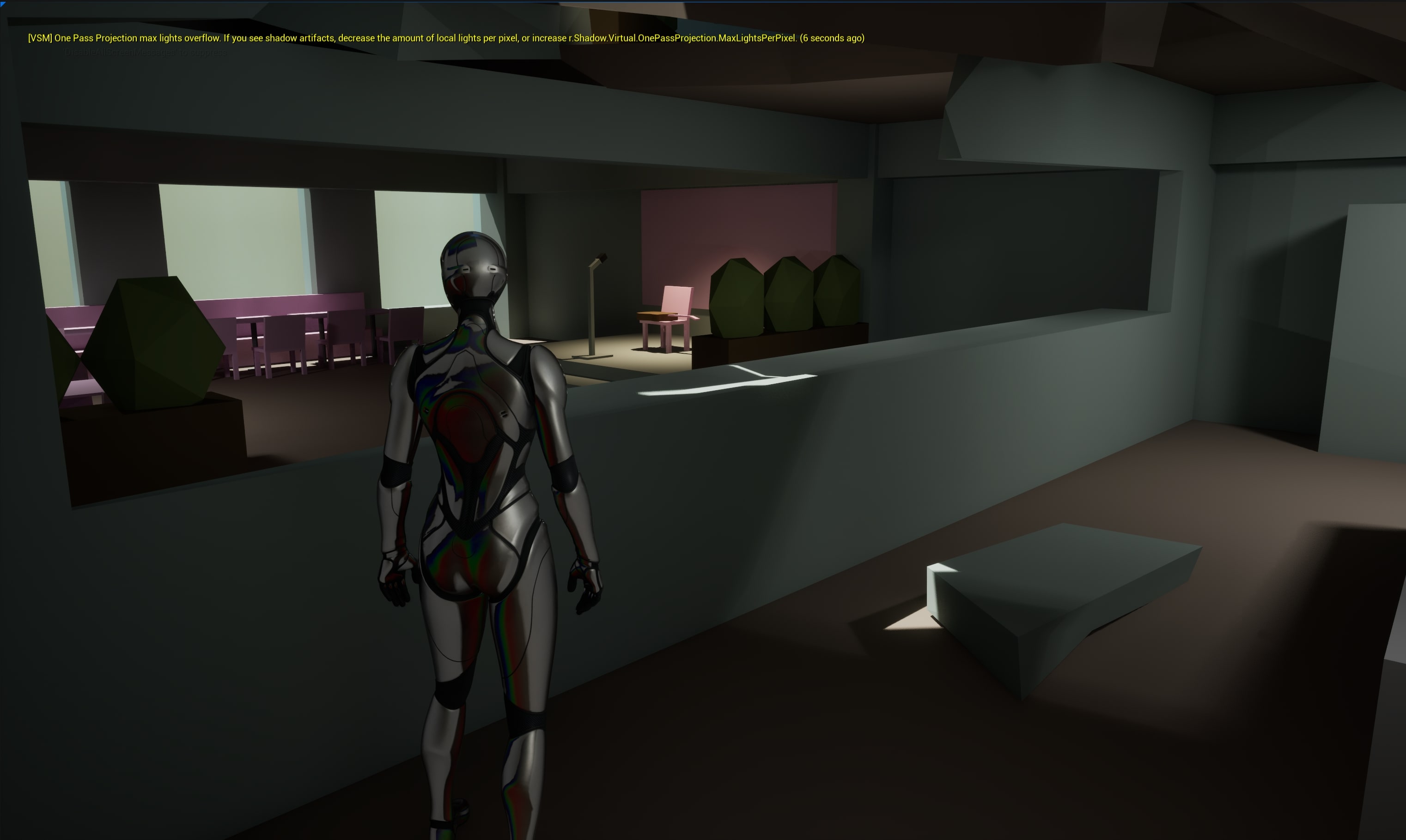 3. On the first floor, Ellie sees a stage lit by a spotlight. She can jump to the stage or head right toward another side of the kitchen.