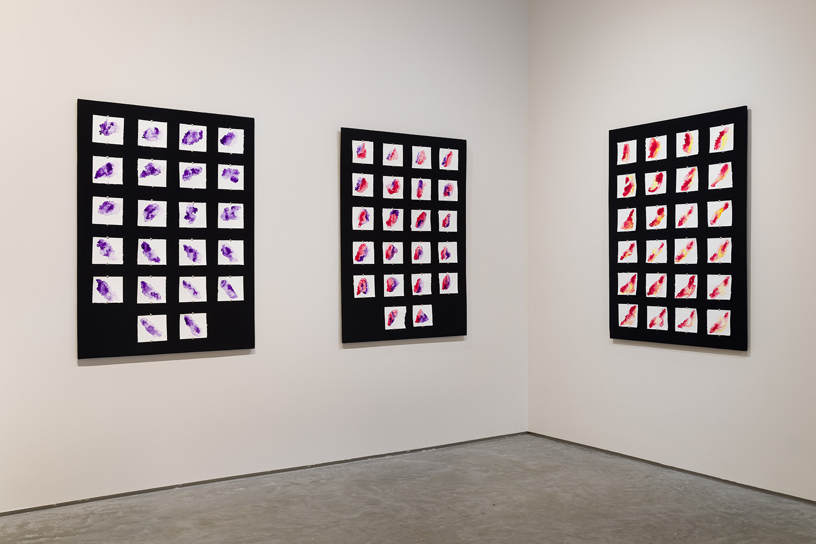 Left to Right: Anna Caruso, "Grief Scapes: 8 Abril 22"; "Grief Scapes: 13 Abril 22 (Las Vegas)"; "Grief Scapes: 29 Abril 22", 2022, Watercolor on paper, 48 x 36 inches each. Image by Etienne Frossard.