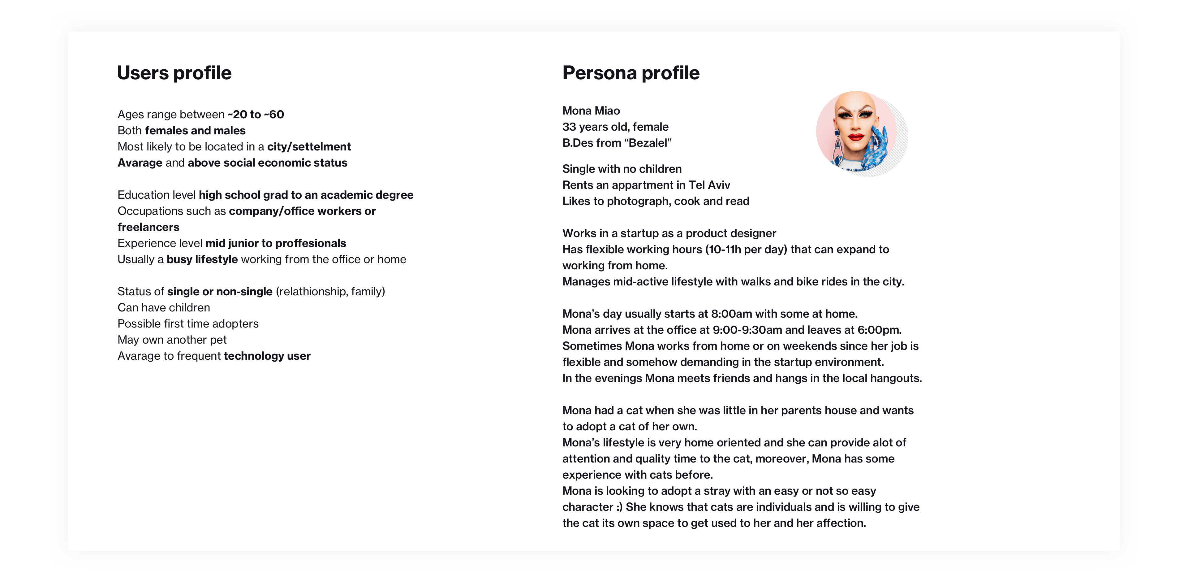 User profile and Persona profile for the Ready Set Pet app, based on user research.