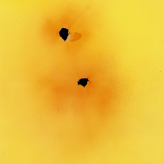 kleifontanano #2, 2003, oil on aluminum with gunshot, 22x22 in