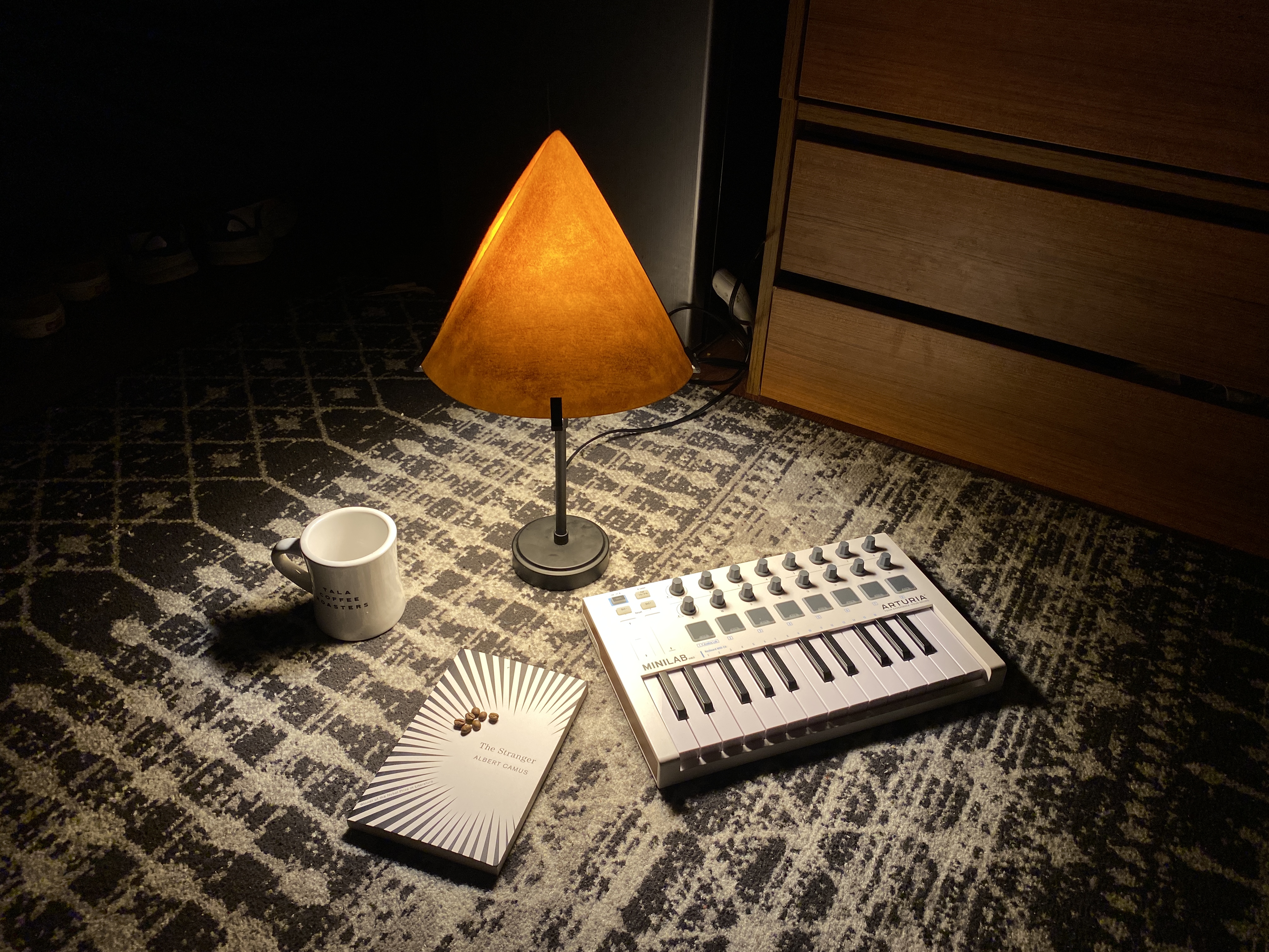 Coffee Filter Lamp, 2022 (Paper, Coffee Grounds, Wood, Paint, Metal)