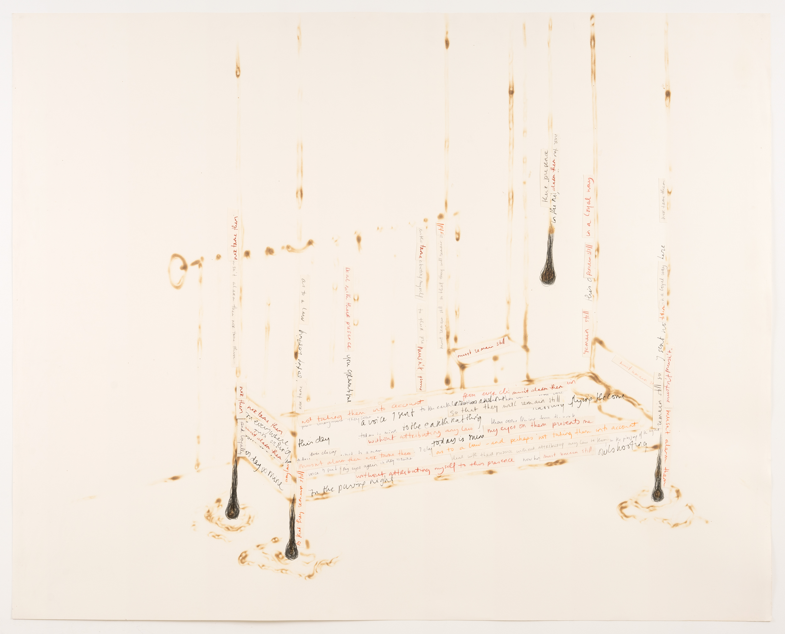 The secret life V, 1998 Gouache pen on burnt paper 120 x 149,7 cm