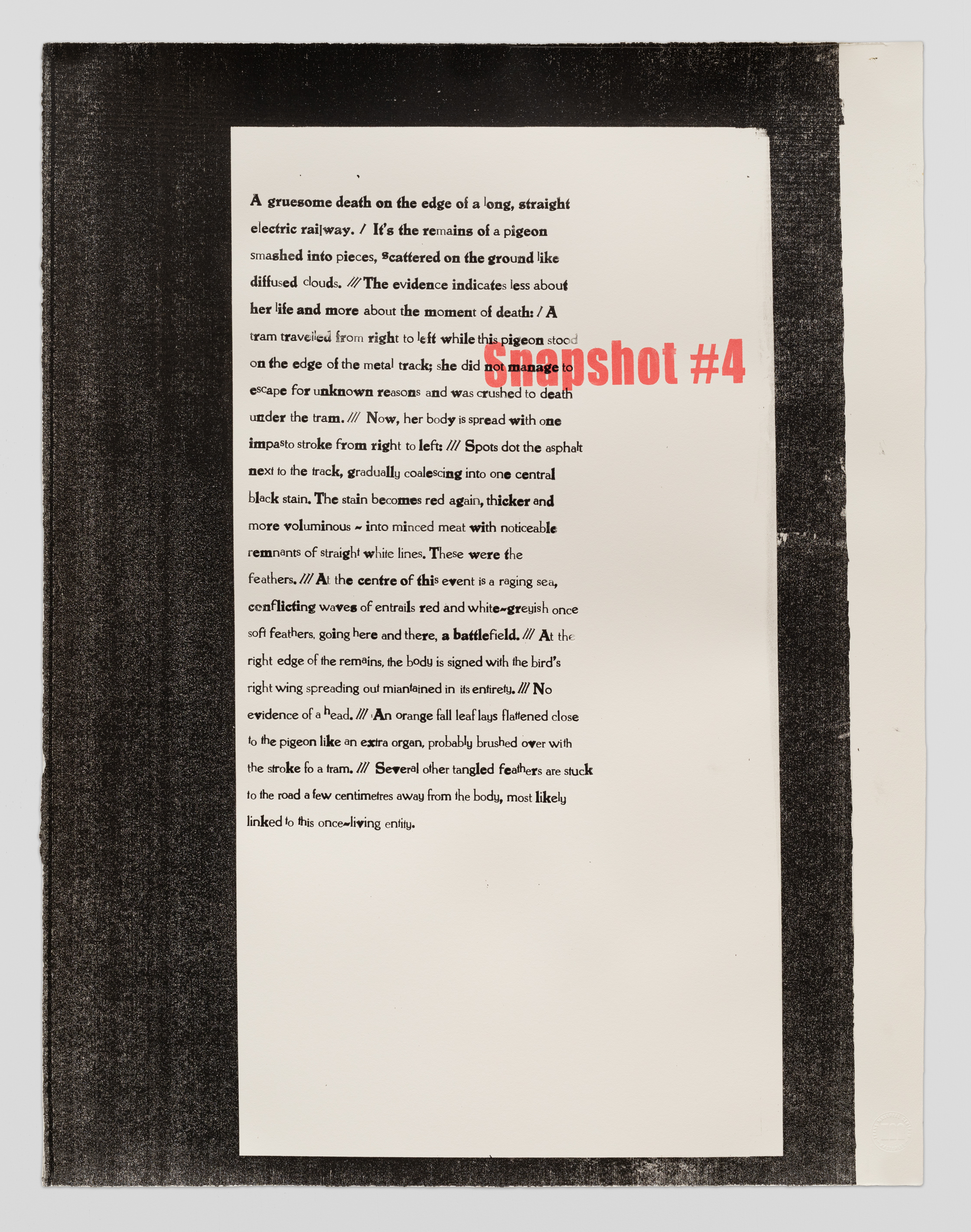 Dead Animals: Snapshots #4, 2024 Silkscreen and relief print on Magnani paper 81 x 67 cm. Printed at Masereel Centre (Documentation: Fabrice Schneider)