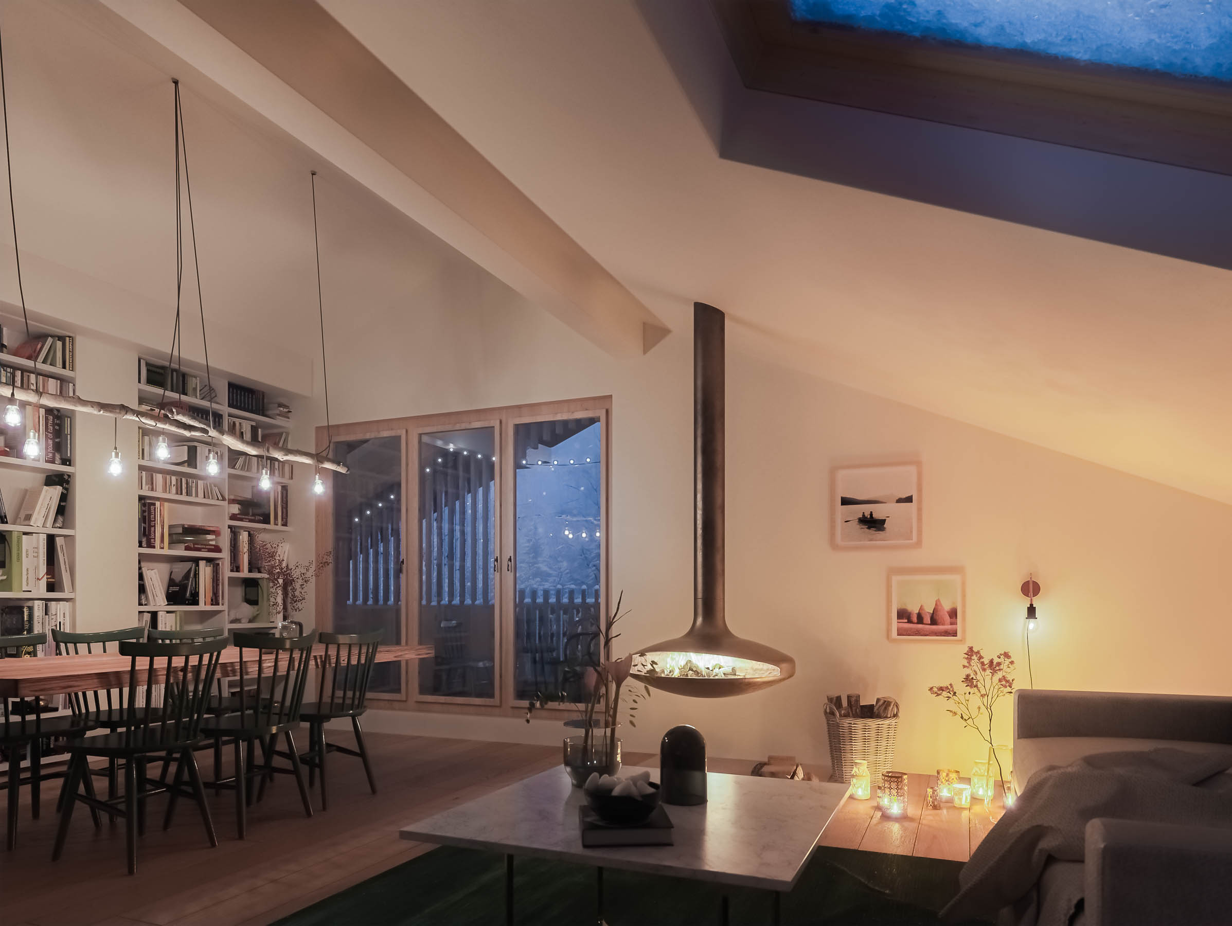 Rendering of the cozy attic floor Interior with Ice and snow outside.