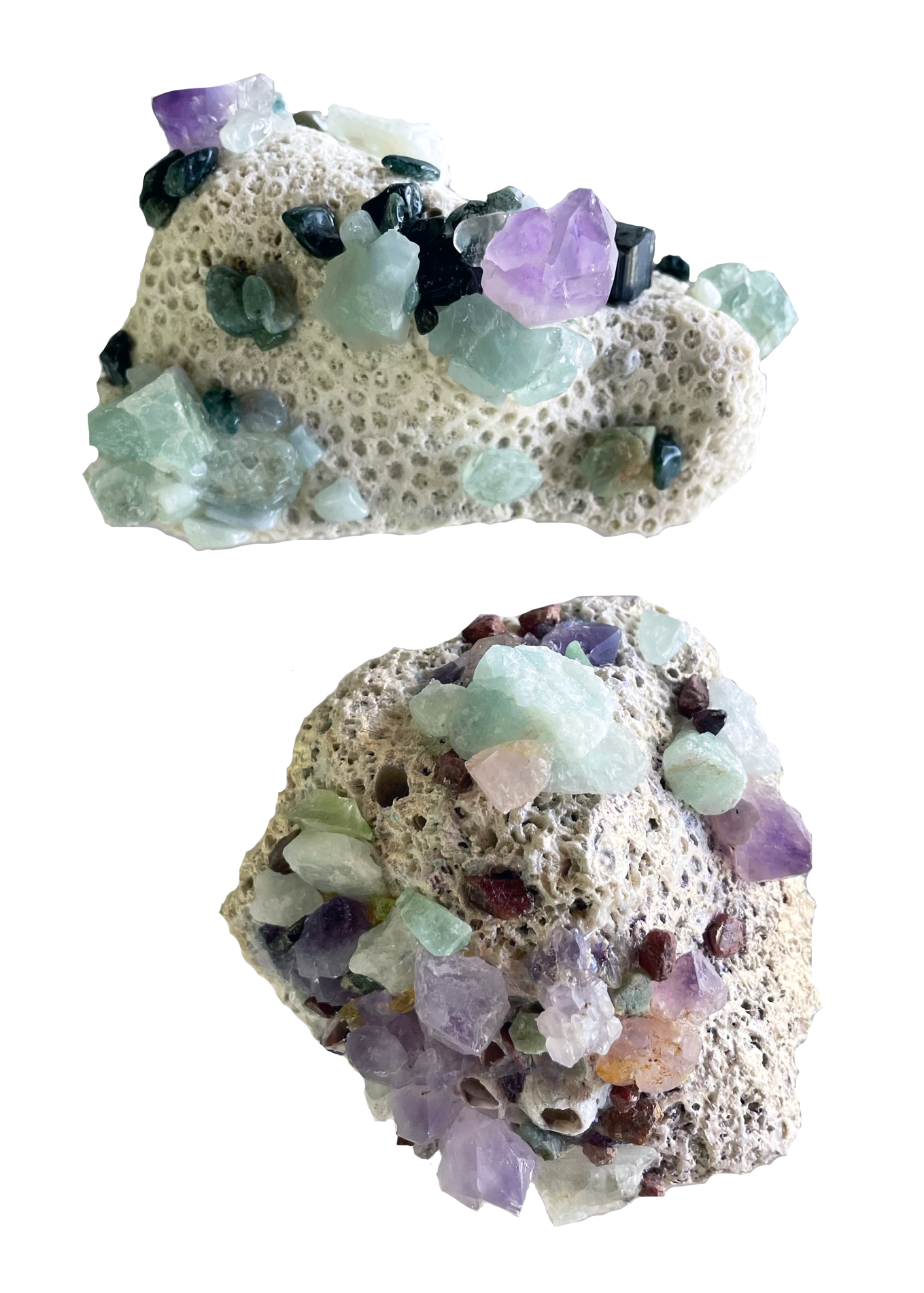Coral I   (above);  Aquamarine, amethyst, black tourmaline, crystal quartz, moss agate, and green-blue acrylic sheen on coral, 4.75”x3”  ~  Coral II   (below);  Aquamarine, amethyst, garnet, crystal quartz, citrine, turquoise, rose quartz, moss agate, and golden-orange acrylic sheen on coral, 4.5”x4.5”