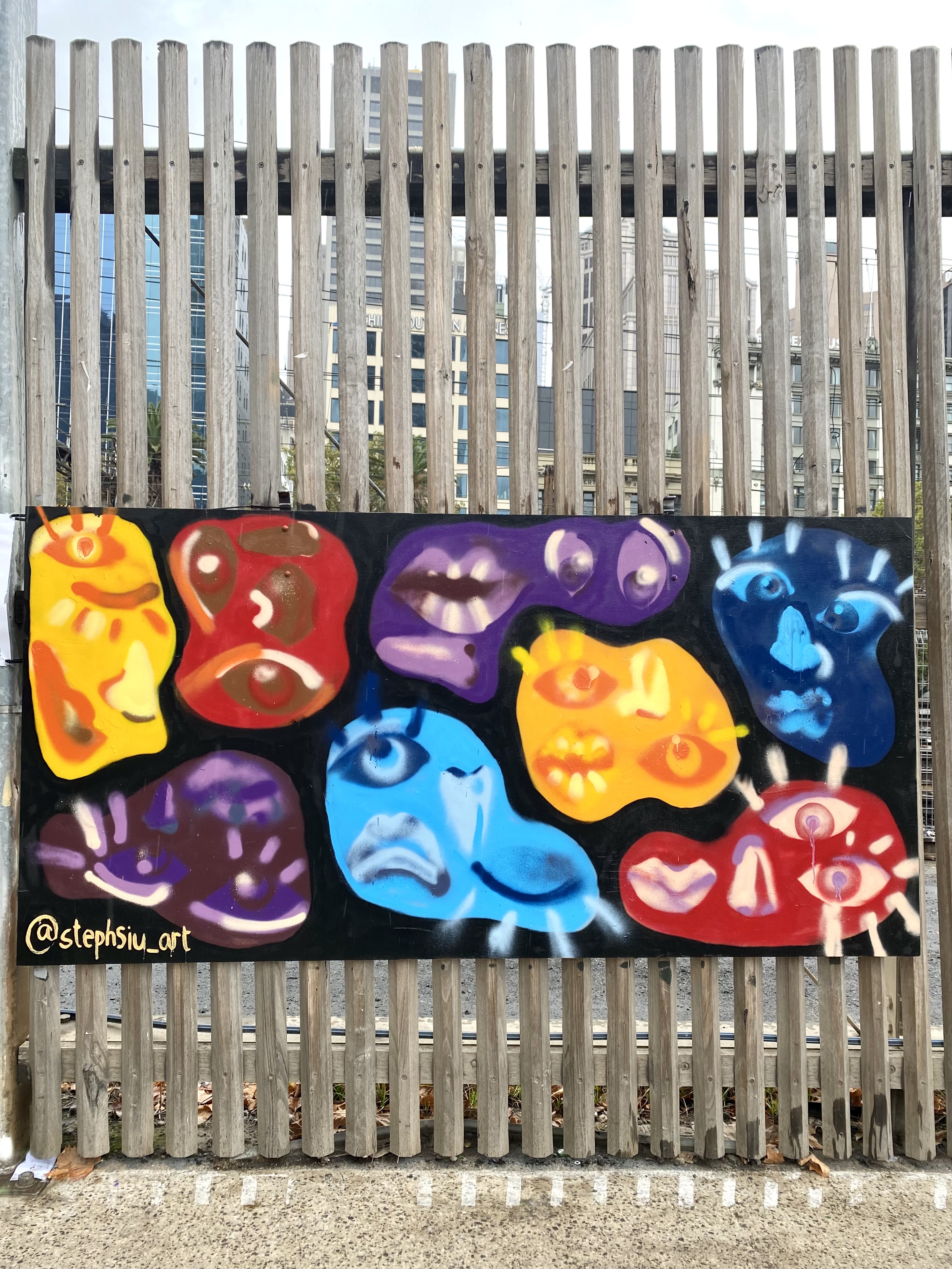 Untitled, 2021, spray paint on wooden board, Located at Northbank Flinders Walk, March 2021