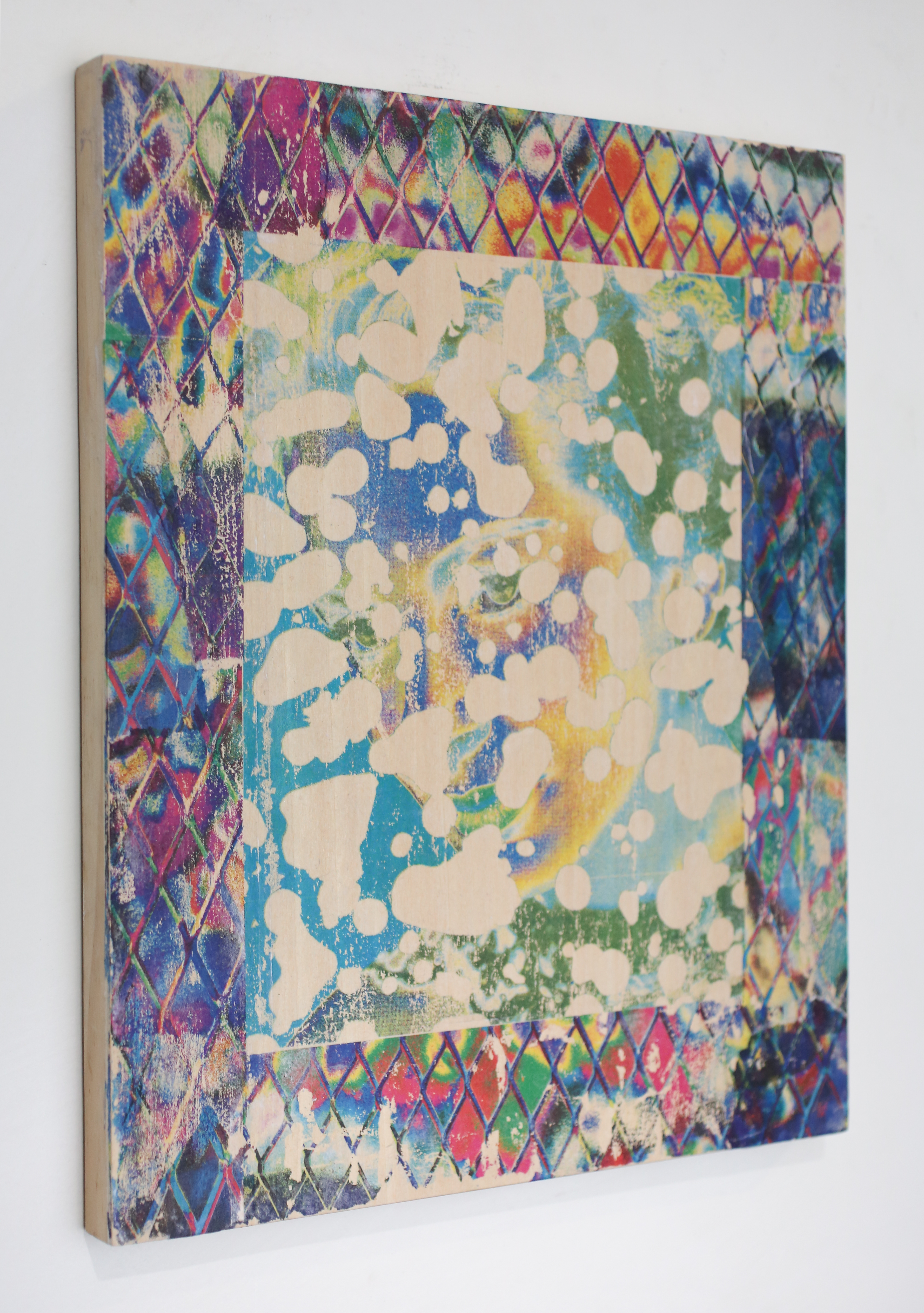 "TBD", transfer on wood, 9" x 12", 2024