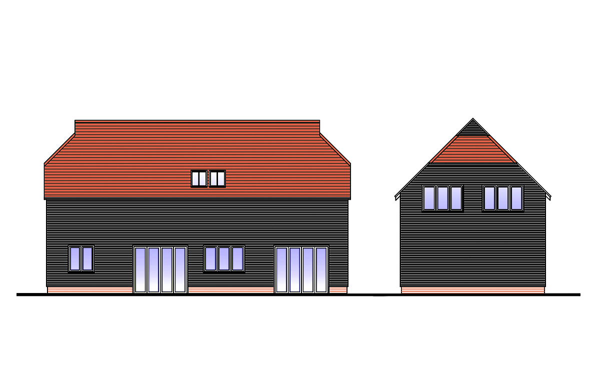 barn one, rear and side elevations