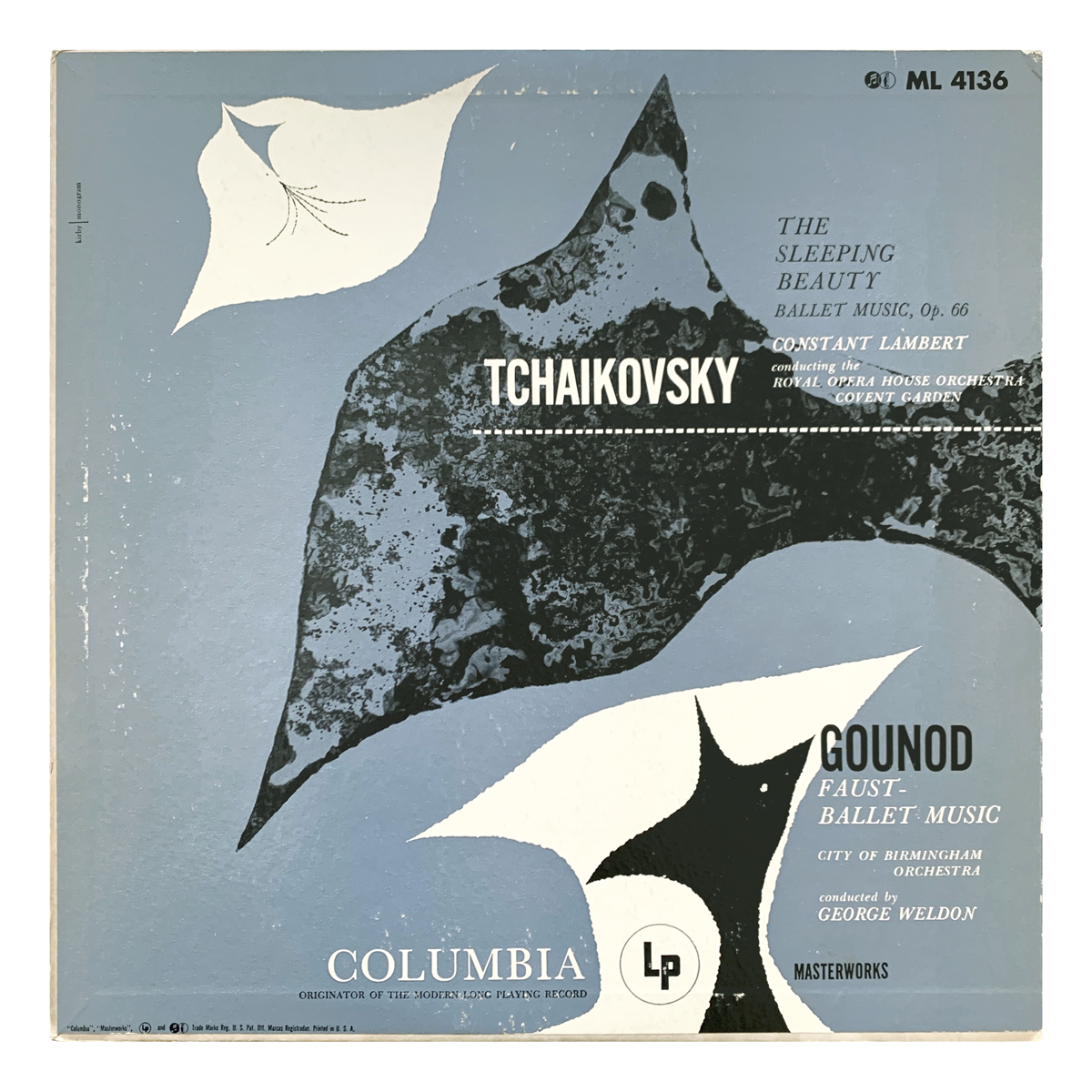 Columbia Masterworks ML 4136 Pyotr Ilyich Tchaikovsky - The Sleeping Beauty, ballet music, Op.66 | Charles Gounod - Faust, ballet music Orchestra of the Royal Opera House, Covent Garden - Constant Lambert | City of Birmingham Orchestra - George Weldon Design: Jason Kirby | monogram (credited)