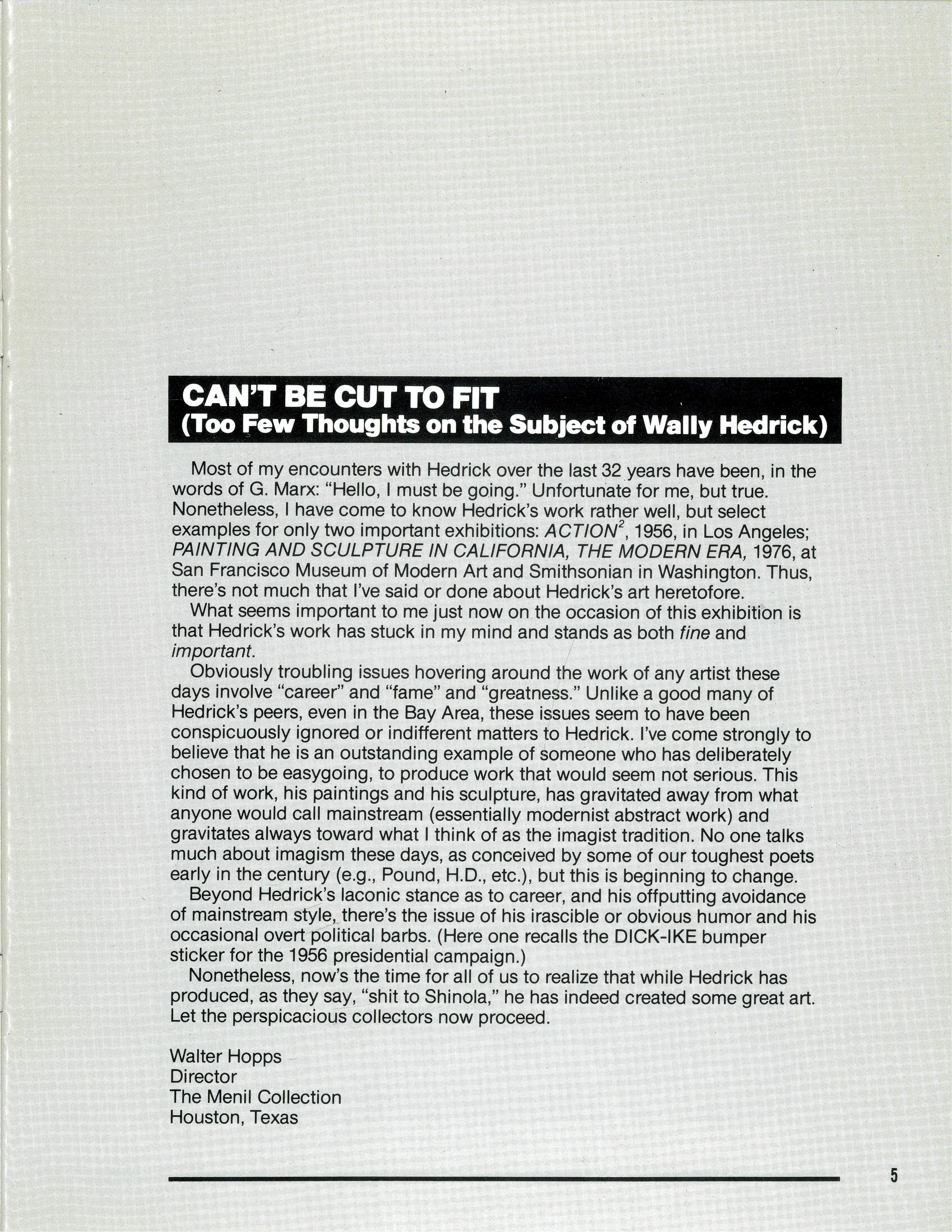 Walter Hopps’s foreword in the catalogue for Hedrick’s 1985 Adaline Kent Award exhibition at SFAI.