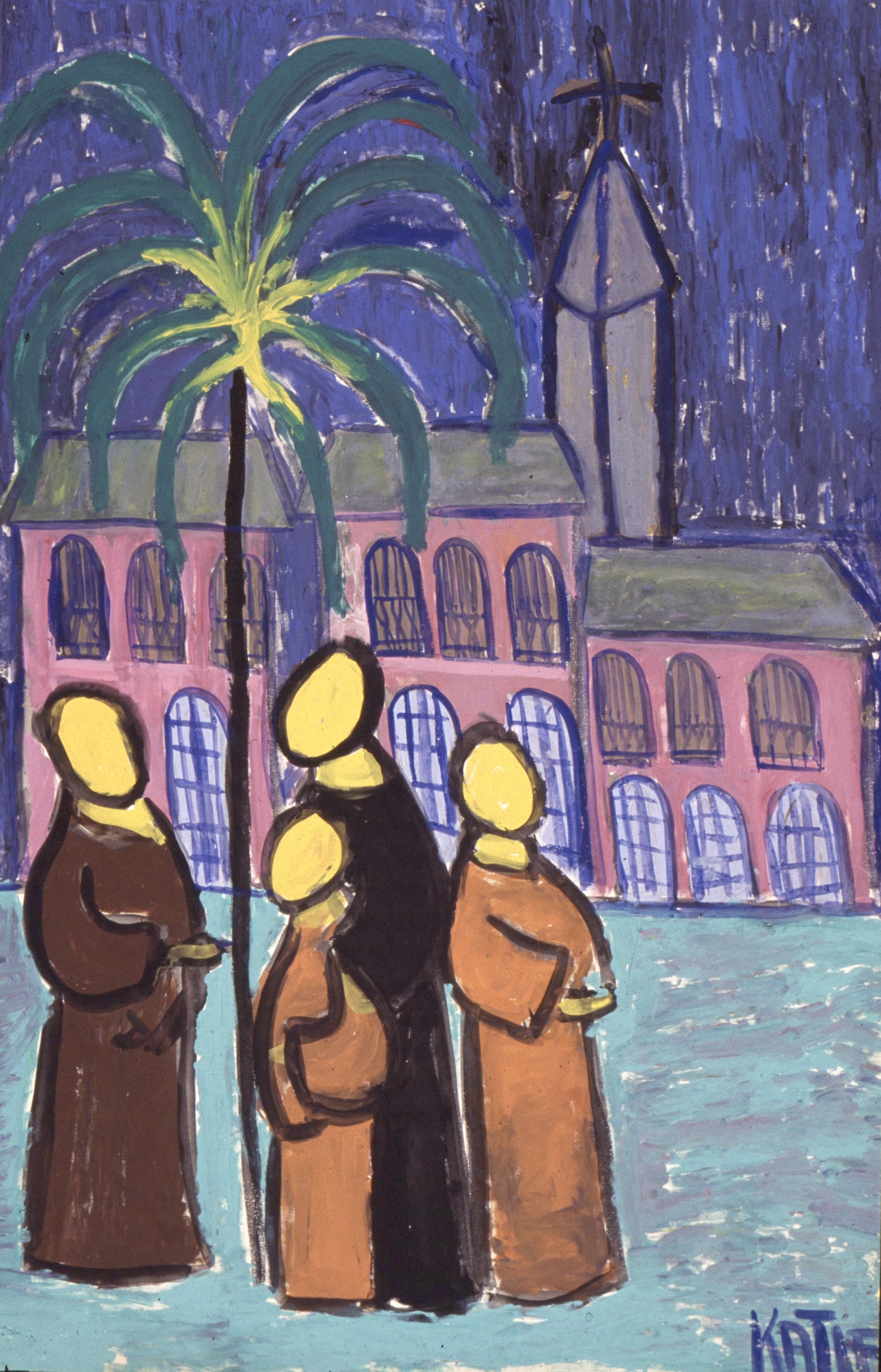 4 Yellow, Featureless Figures In Front of A Church