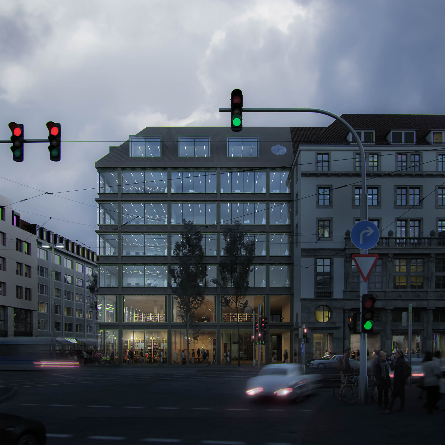Dawn time Visualization of the commercial building BAY seen from the Centralstation in Munich.