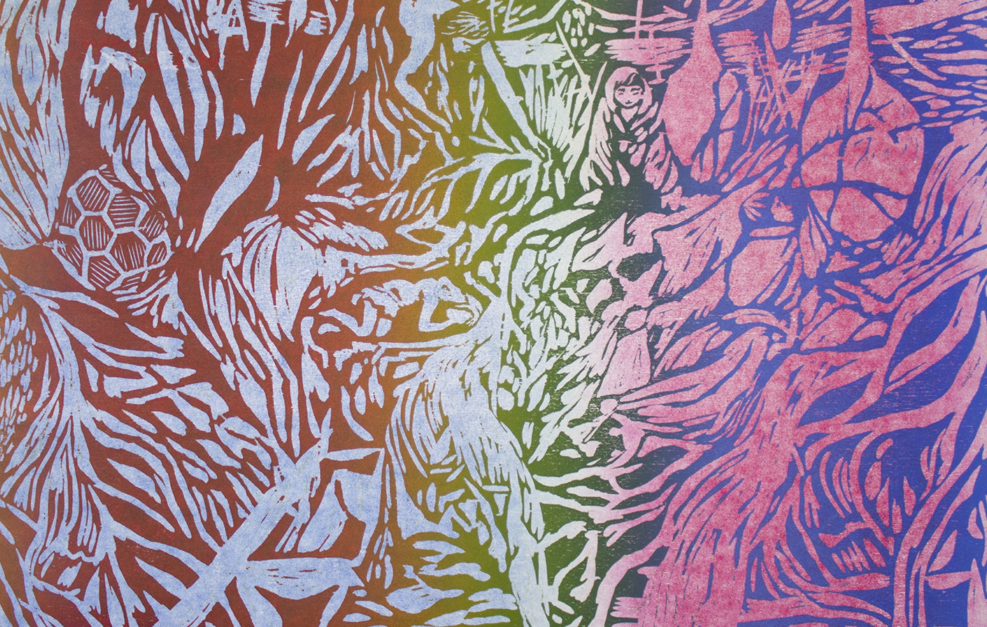 'There the snake throws her enamelled skin',  2022. Woodcut on paper, 44x29cm