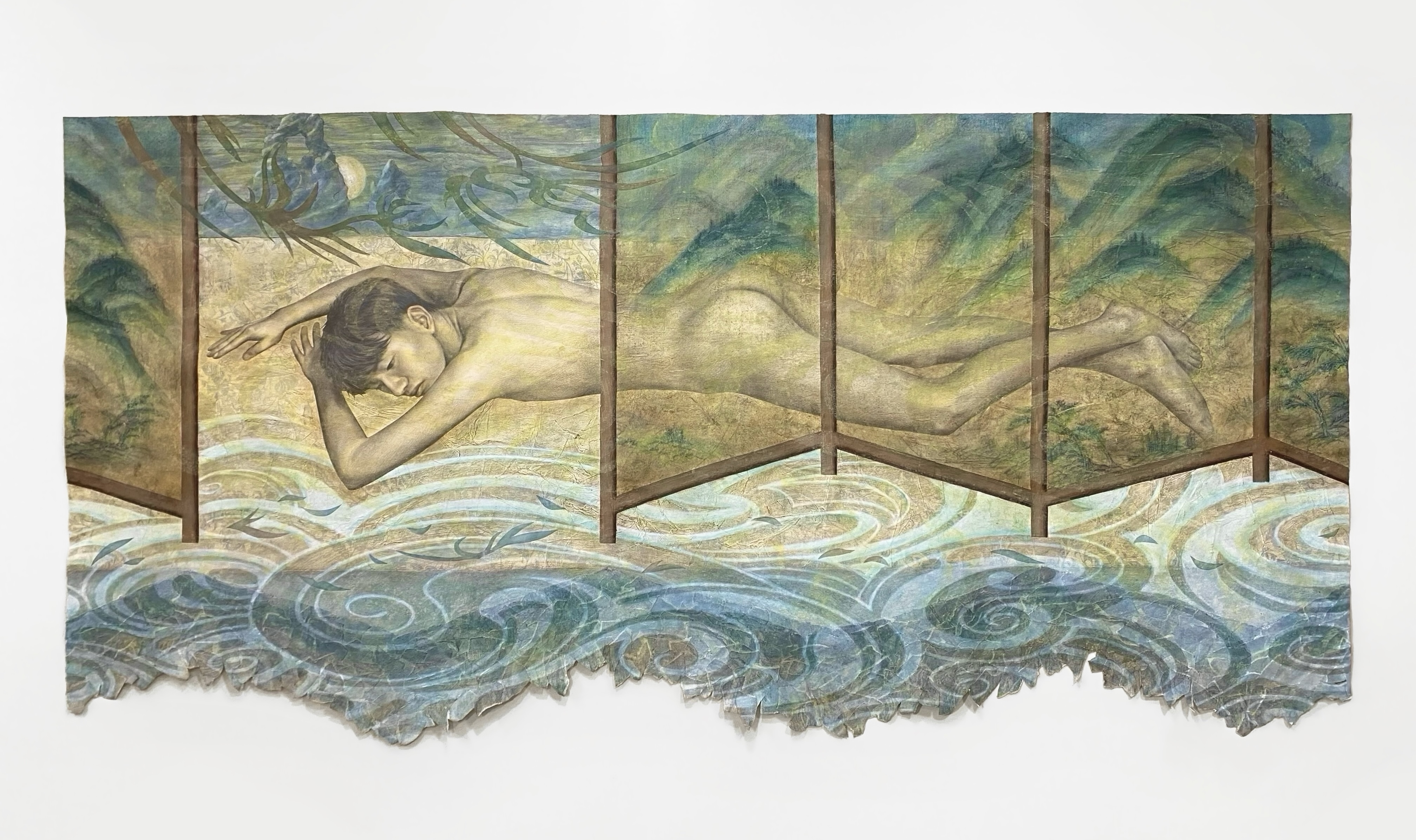 wake by the river of time, 2025, 38" x 78", mixed media and collage on paper
