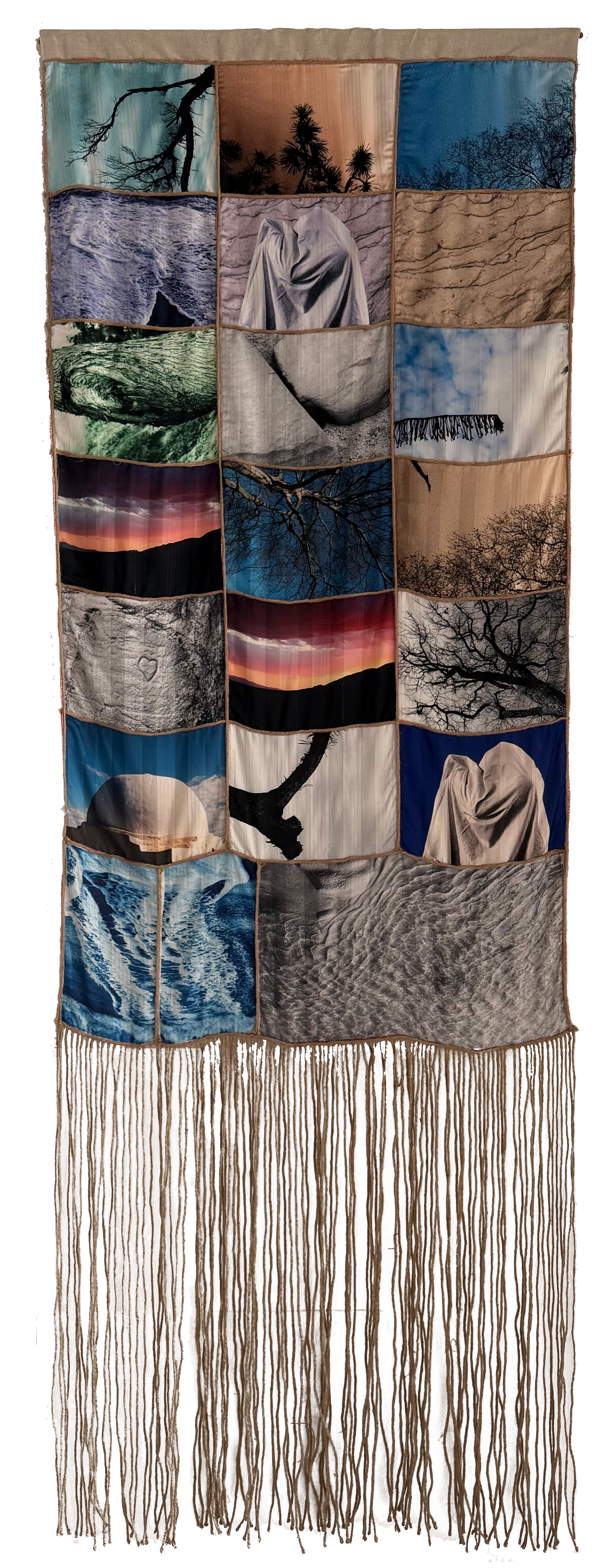 Amira Lamti, Mixed Feelings, Photographies numériques sur Safseri et fils en toile de jute, 85x250cm, 2025