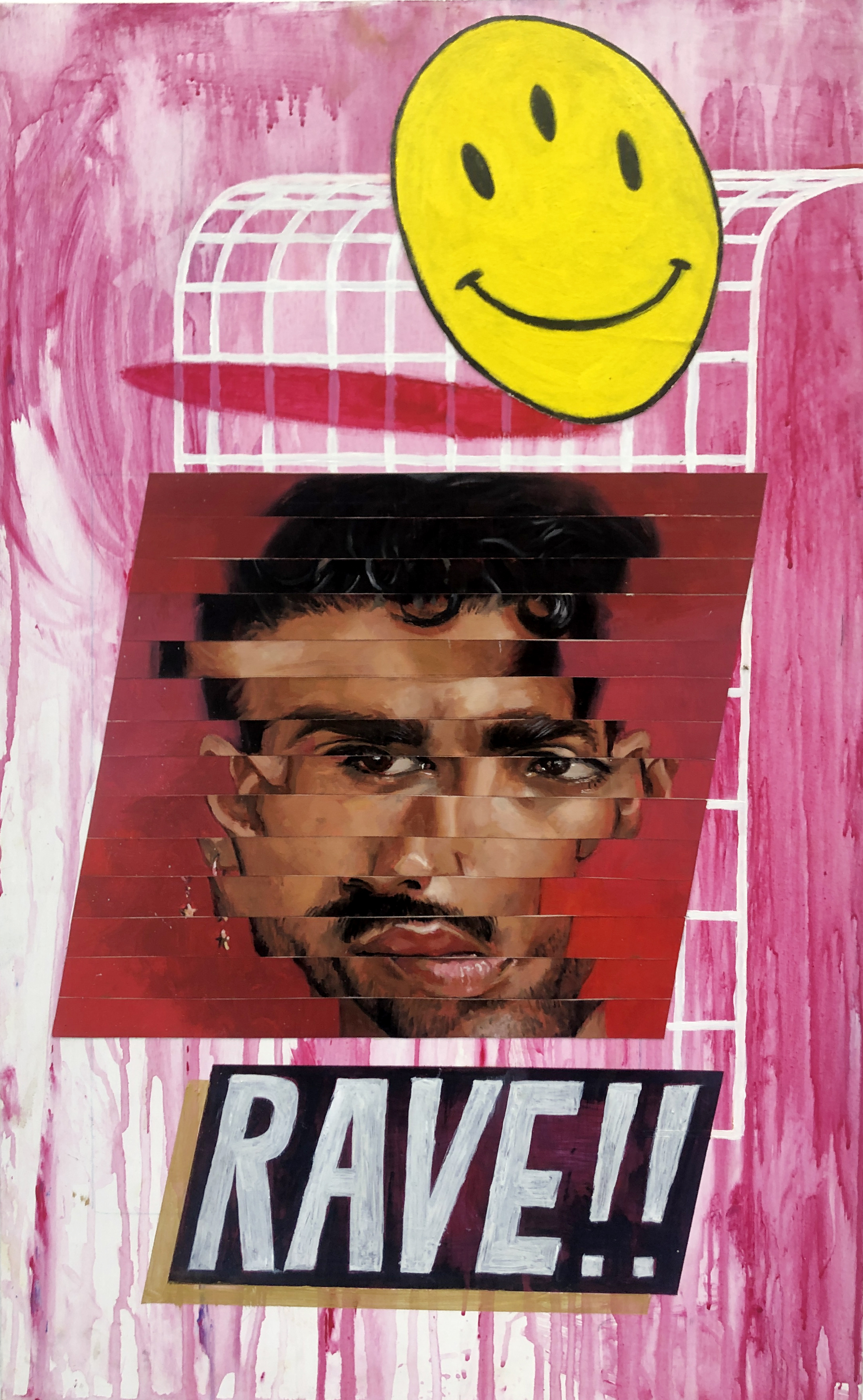 "RAVE!', mixed media on board.