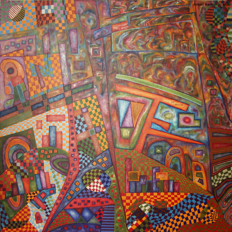 Situation Of Things. Oil on Canvas, mixed media, size - 1000mm x 1000mm(39.37" x 39.37") Created in November 1998 Private collection, Moscow Printed silk scarfs available. Inquire within. 