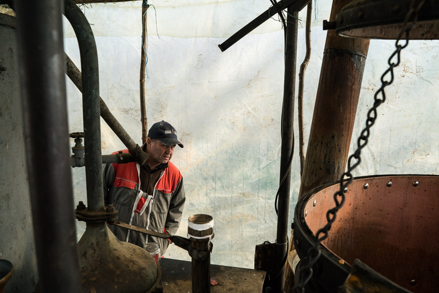 Un client, curieux, regarde mr Paul pr&eacute;parer l'alambic.