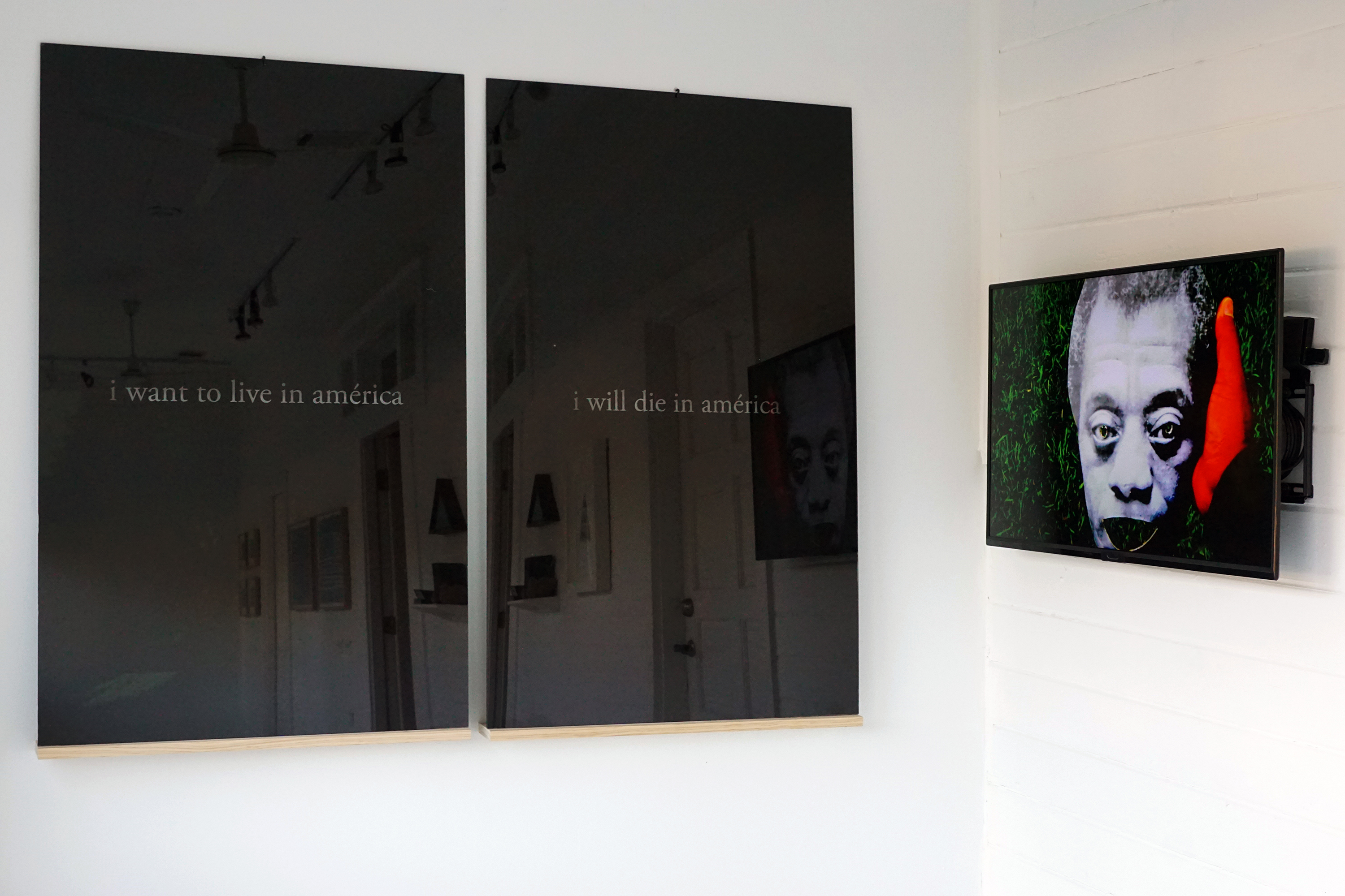 Exhibition view Adrian Aguilera untitled (+500 years in américa 01, 03) 2019 vinyl car wrap mounted on acrylic 48 x 30 in, each. Photography by Prizer Arts & Letters
