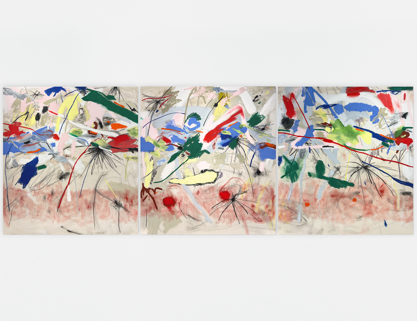 Fiestas nacionales, triptych. Acrylic, oil stick, charcoal & graphite on raw canvas, 175 x 480 cm, 2025.