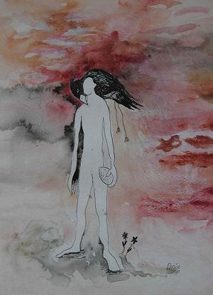 Vogel op schouder en ei in mijn hand Werk op papier 50 x 40 cm  Gebruikte technieken: gekleurde tekeninkt, oost indische inkt.  Dit werk is verkocht.