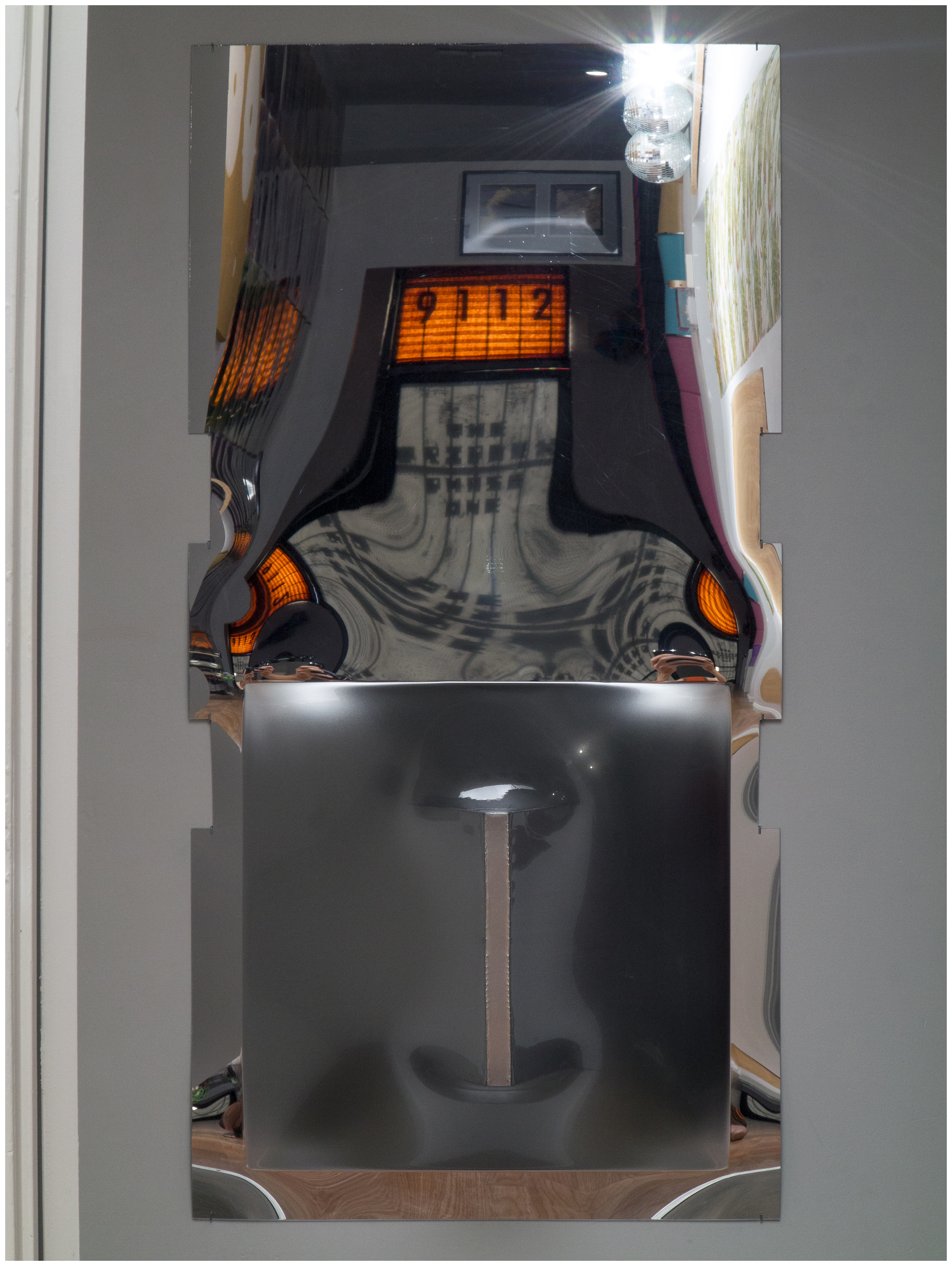 I Had No Intention of Budging an Inch, 2016Mirrored acrylic, square bend screw hooks27 x 54 x 12 in.68.58 x 137.16 x 30.48 cm