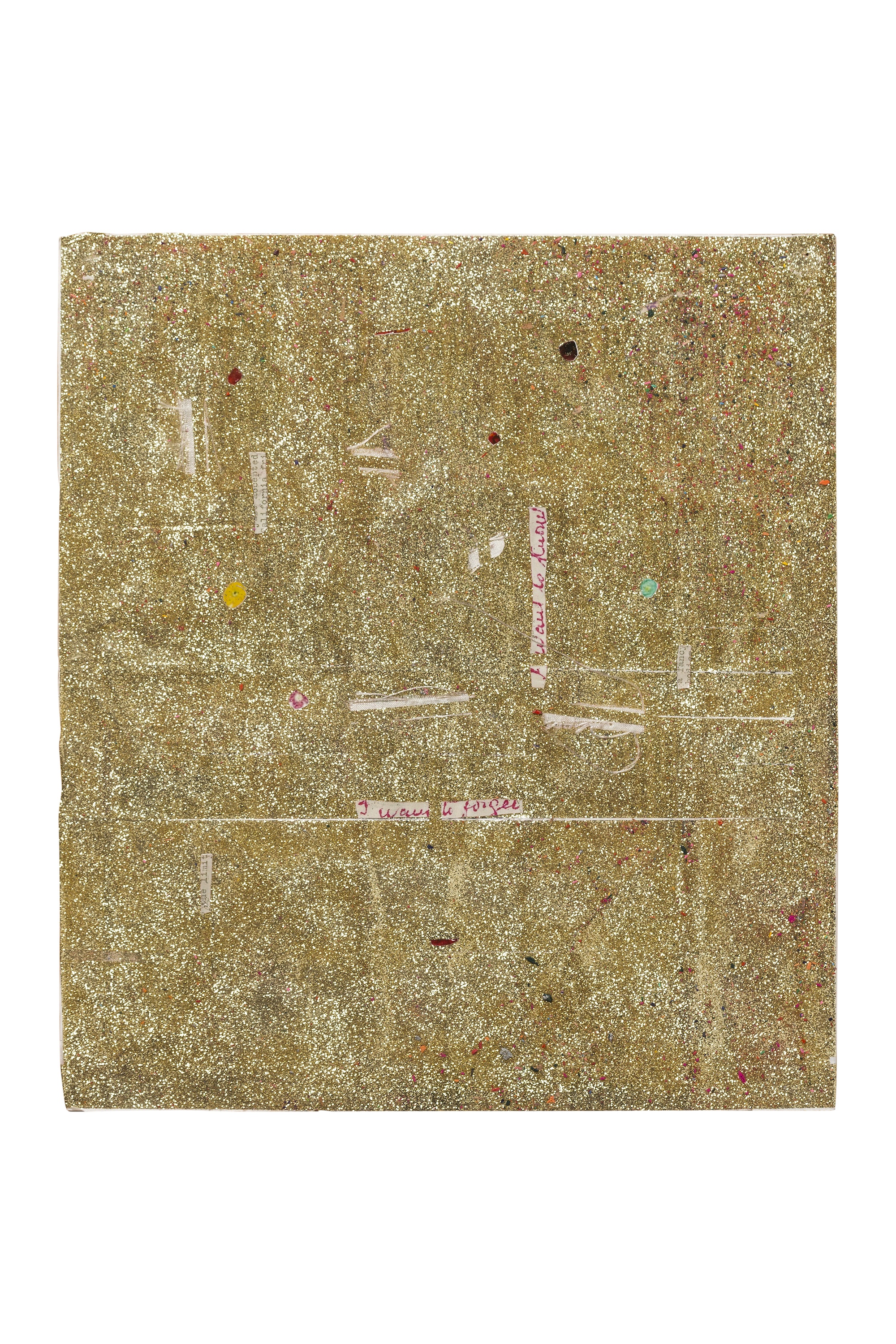  Nem Tudo Que Brilha é Ouro, 2016 . Glitter, hair, dry petals of flowers and fragments of cloth, paper and photographs on information leaflets . 33 x 30 cm