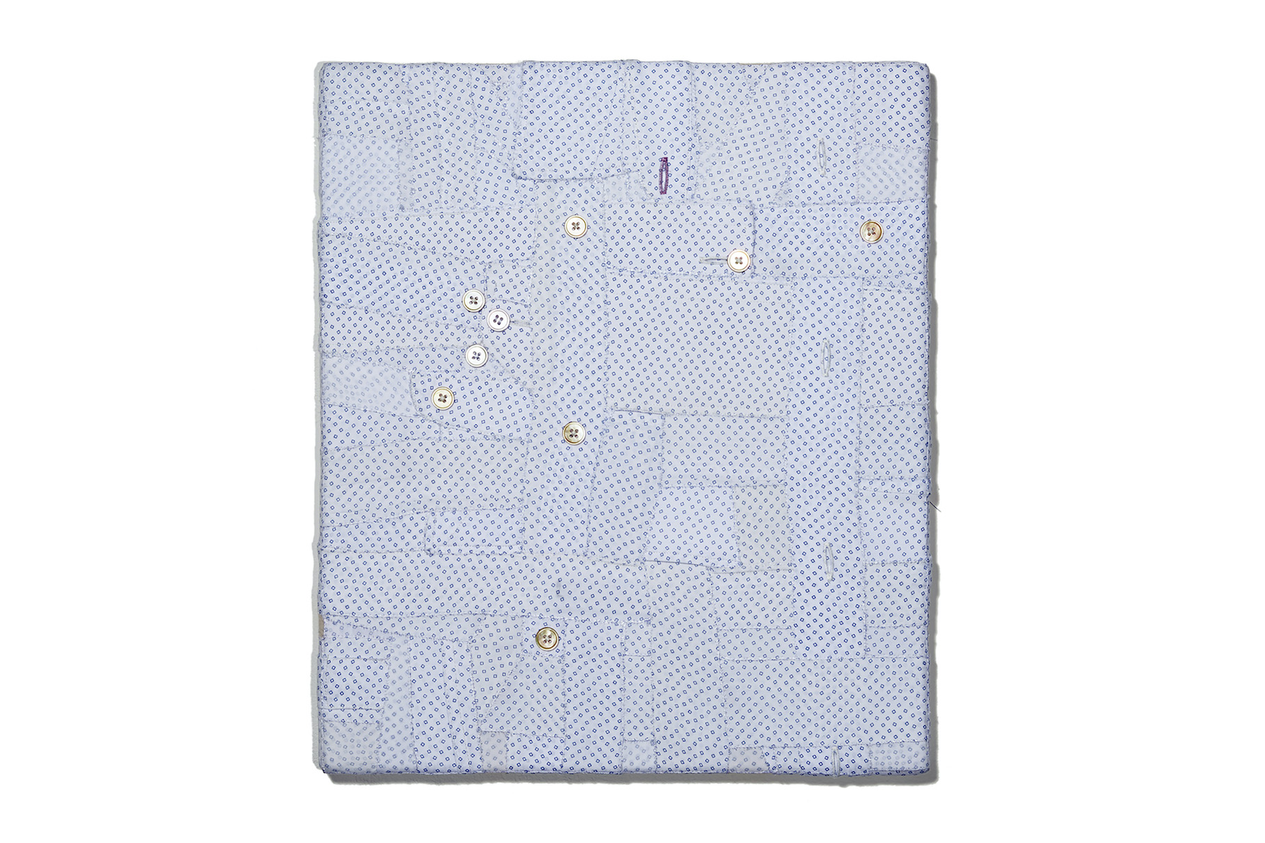 ’Dennis’, 2024. Deconstructed men’s shirt hand stitched over wooden stretchers. 35 x 30 cm