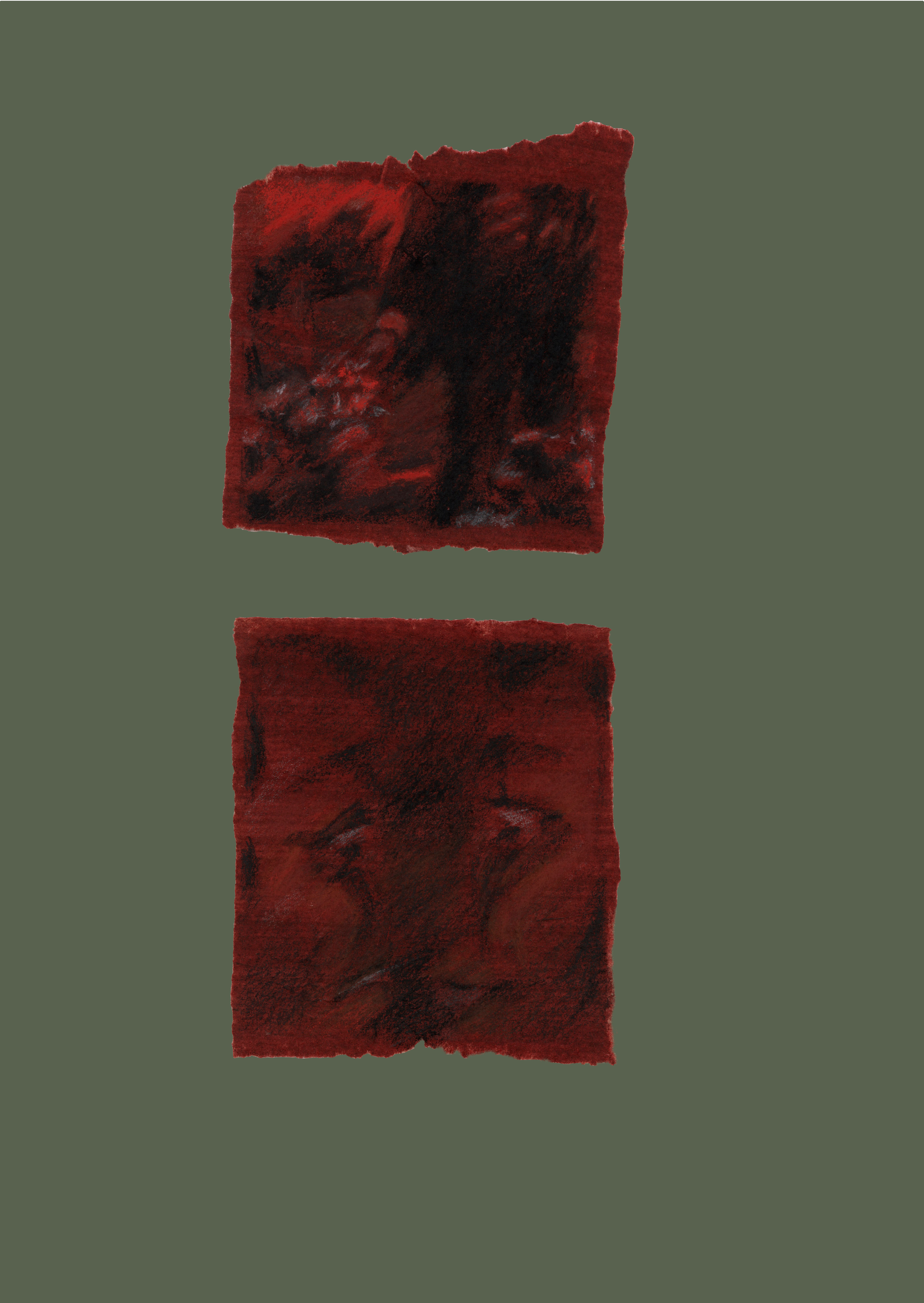 unititled (2023.) cont&egrave; crayon and soft pastel on vietnamese d&ocirc; paper (red) + digital collage (green.)