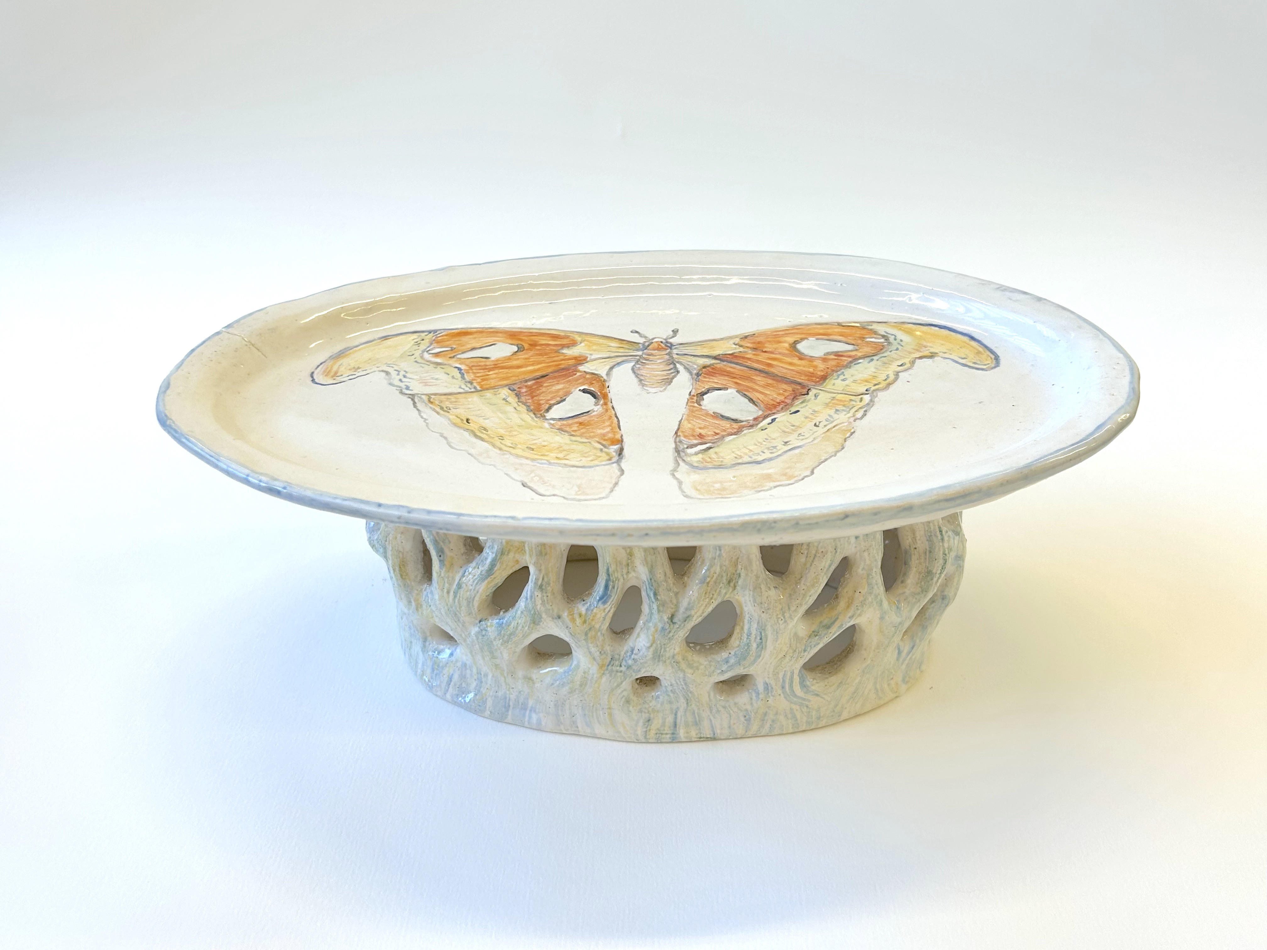 plate with moth, glazed stoneware
