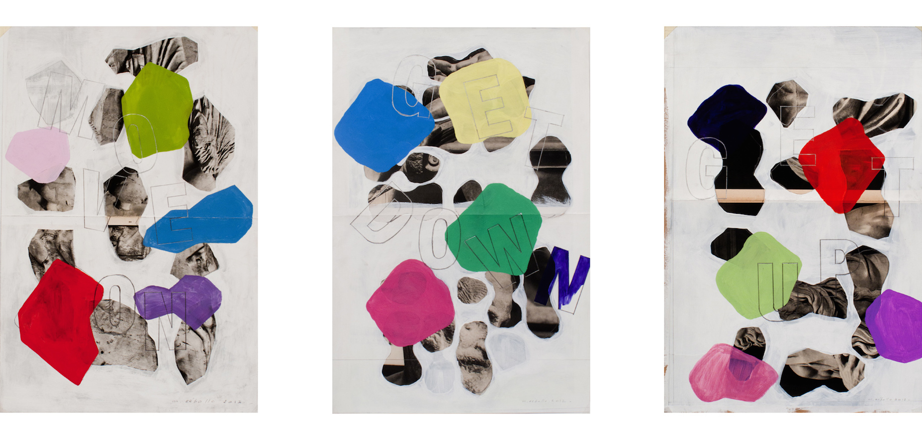 "Get up", "Get down", "Move on", 2012, Gouache and collage on paper, 53x35 cm