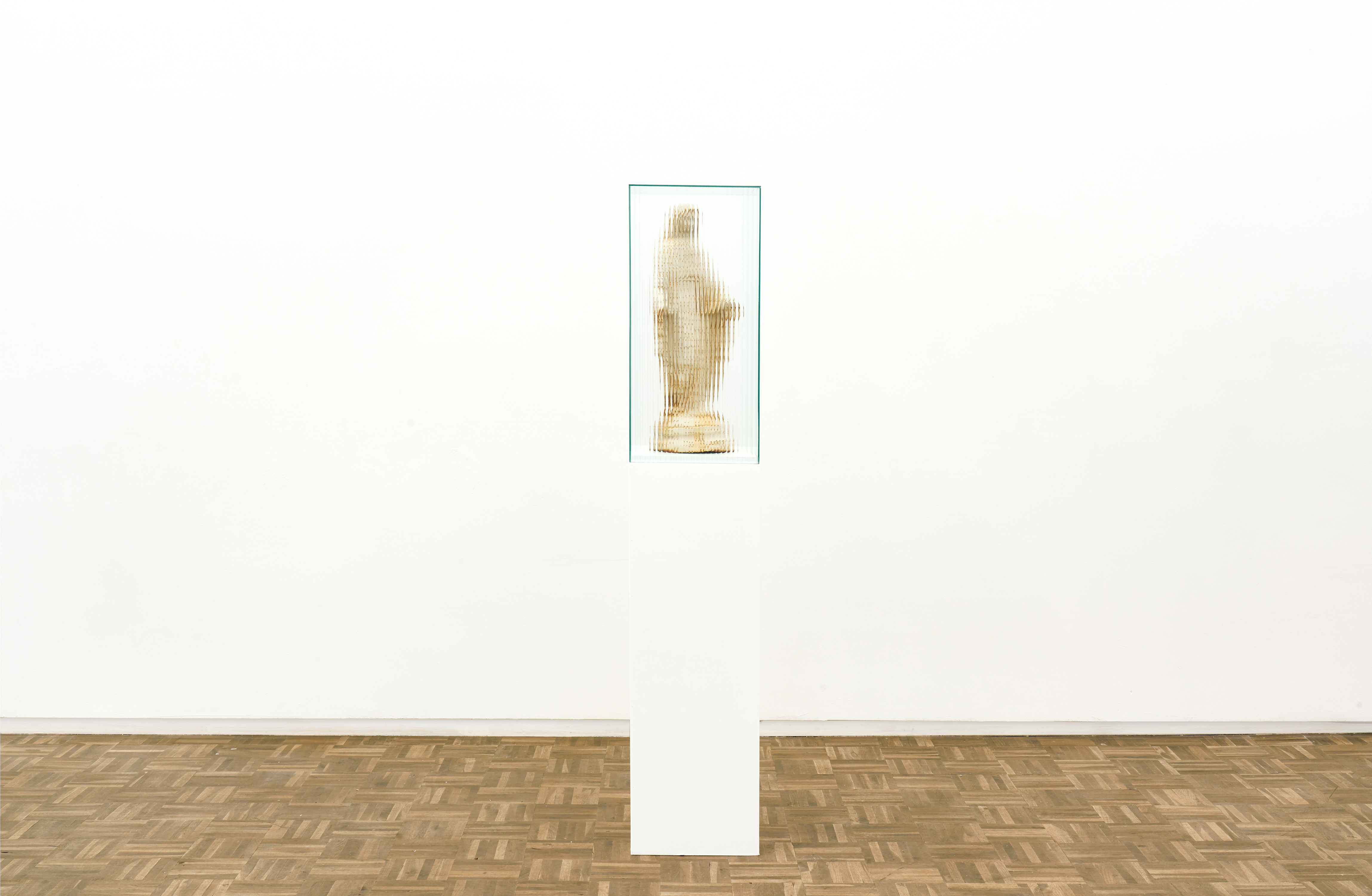 James Webb, This is where I leave you (Mother of the lost; the one who hears the cries of the world) (2020) | Wrought-iron Madonna statue, vitrine, plinth, 156 x 30 x 30 cm