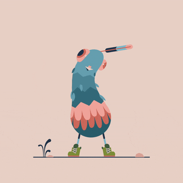The same concept is applied to the head feather and then offset in time so that it appears as a secondary movement to the body's wobble