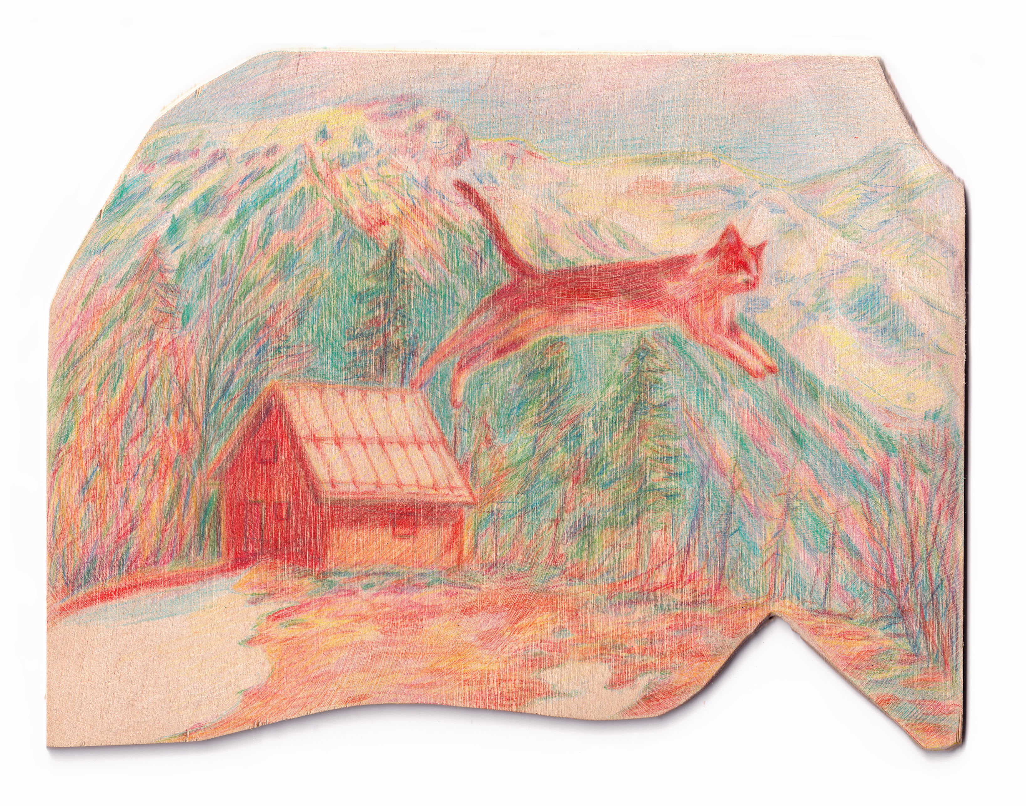 „Red house", H19cm x W25cm, colour pencils on wood panel, 2024