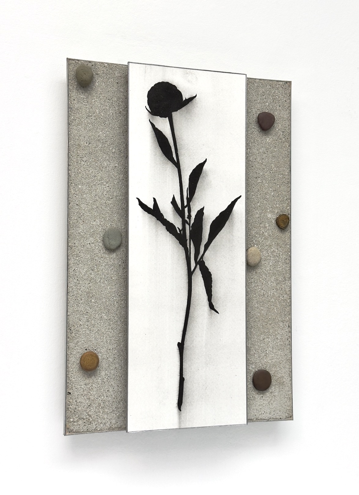  &lsquo;Look what I found', 2025, cont&eacute; pencil and acrylic on paper/aluminium and pebbles on cement/aluminium, 30 x 20 cm. 