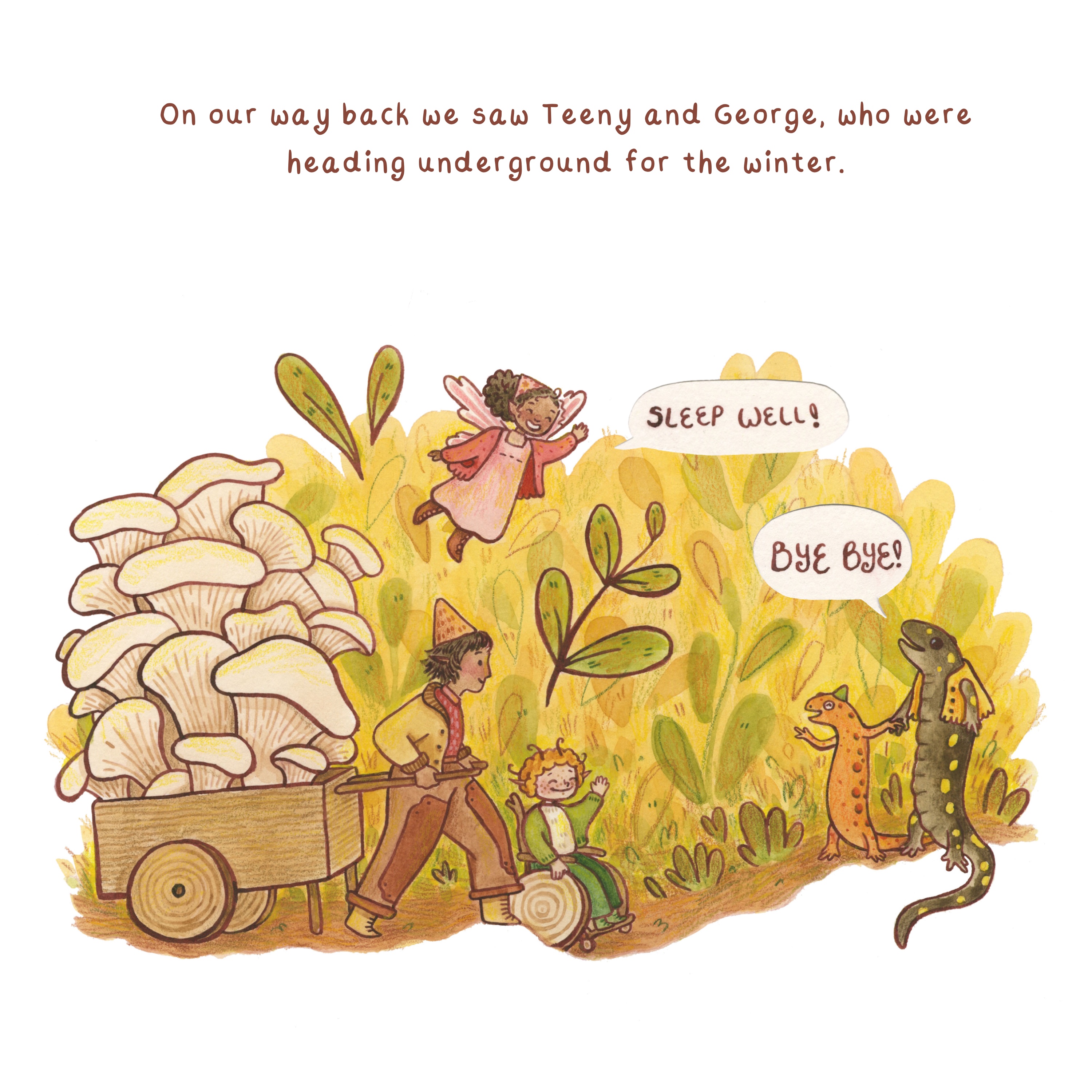 On our way back, we saw Teeny and George, who were heading underground for the winterwatercolor, ink, colored pencil, 12” x 12” 2023