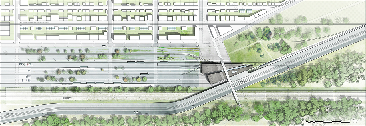 Plan masse pour le Projet de Fin d'étude de Iris Chervet - "Caravansérail" Projet de requalification paysagère d'une friche ferroviaire - Master recherche - ENSAPVS - Février 2014 - Sous la direction de Alain Pelissier, Sylvie Salles et Rémi Lacau