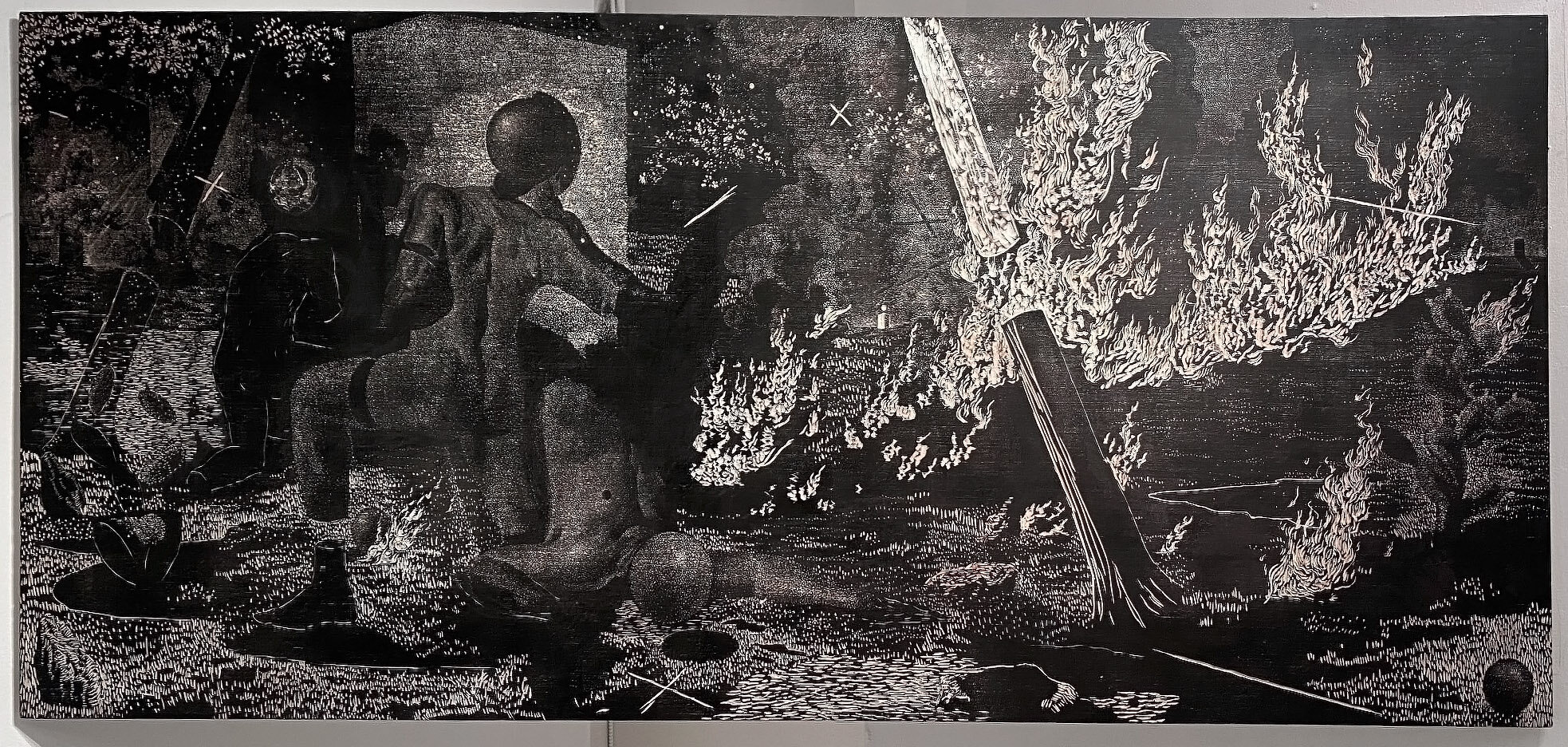 The Ecstasy of Certainty. 36x74 in. Woodcut matrix 2019.