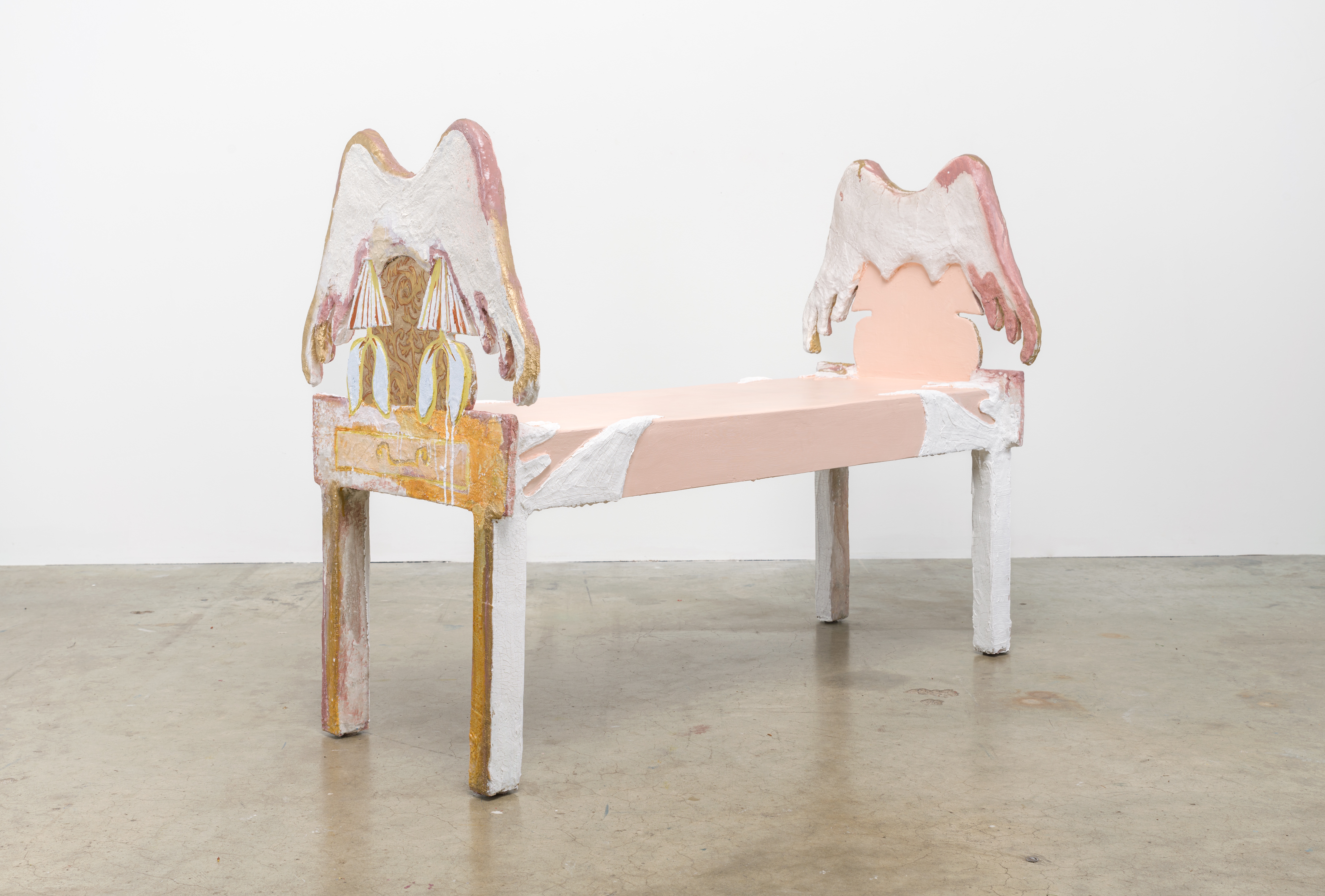 At Rest, 2022, Expanded Painting/Bench (wood, plaster gauze, acrylic, resin, acrylic, crackle paste, and spray paint) 341⁄2"[h] x 44 1⁄4 “[w] x 16"[d]