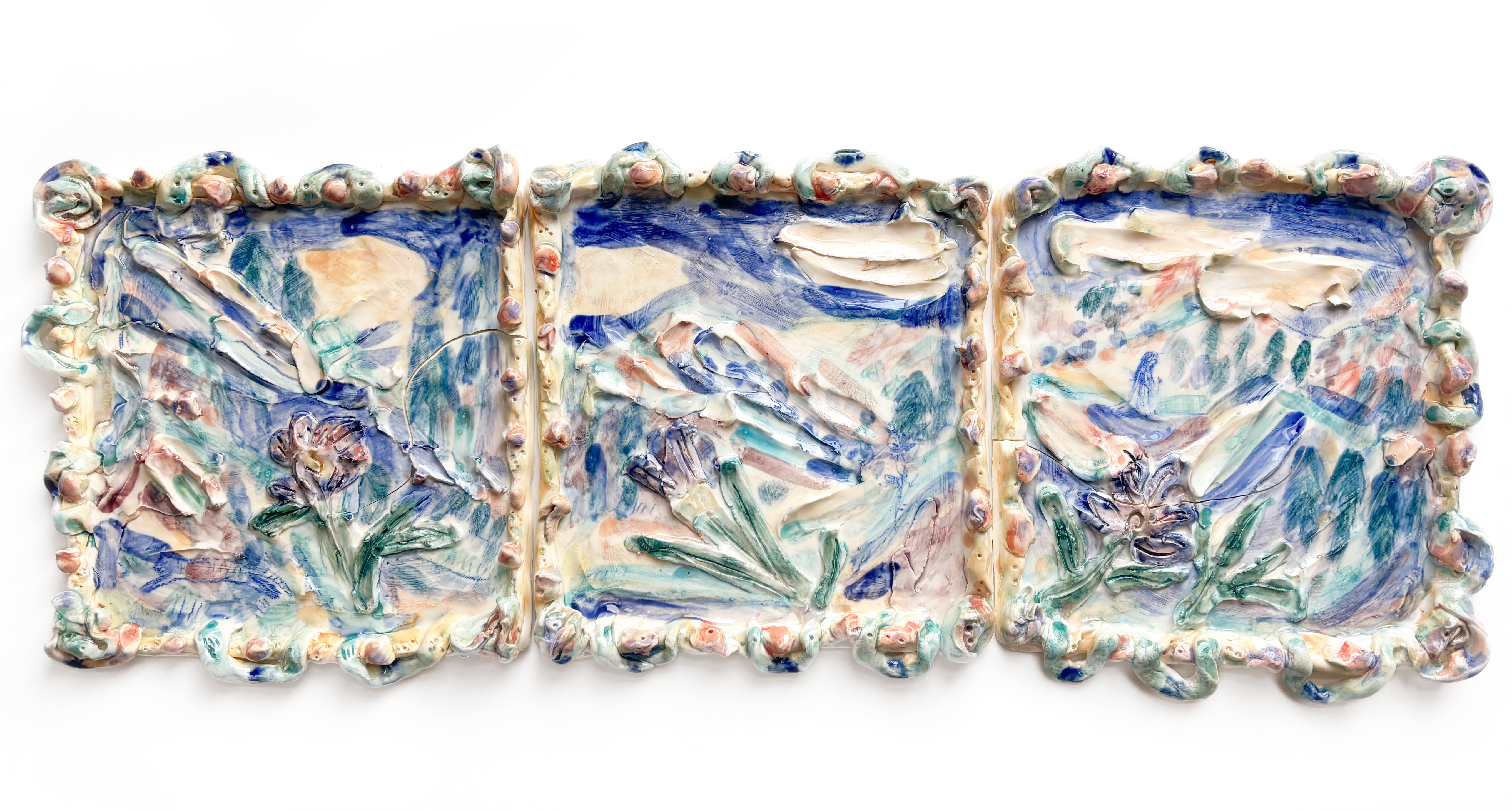 „Painting dreams", H22cm x W62cm (22 x 20 cm each of them), glazed ceramics (porcelain), 2025