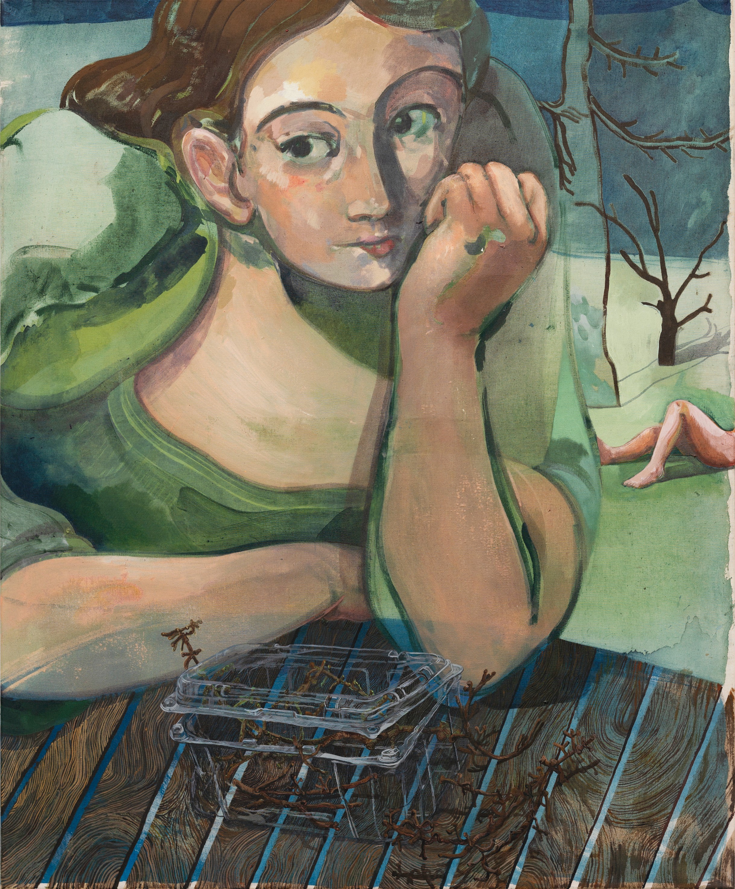 greedy and forgetful, 2023. Acrylic and oil paint on calico, 112 x 92 cm.