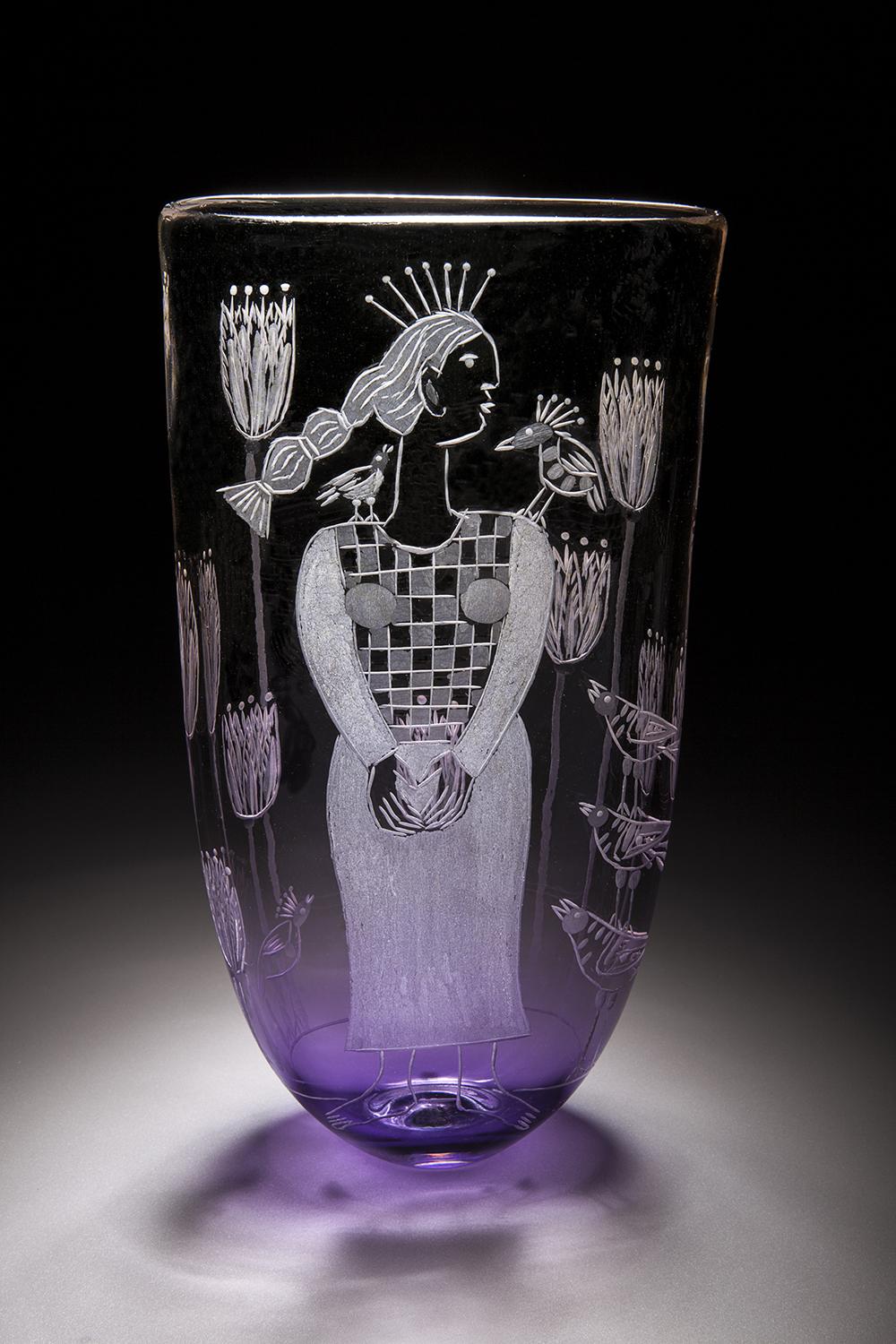 Cappy Thompson, 'Tall Girl with Tulips and Birds', 2025, Wheel engraved blown glass, 12 7/8 x 6 3/4 x 3 in.