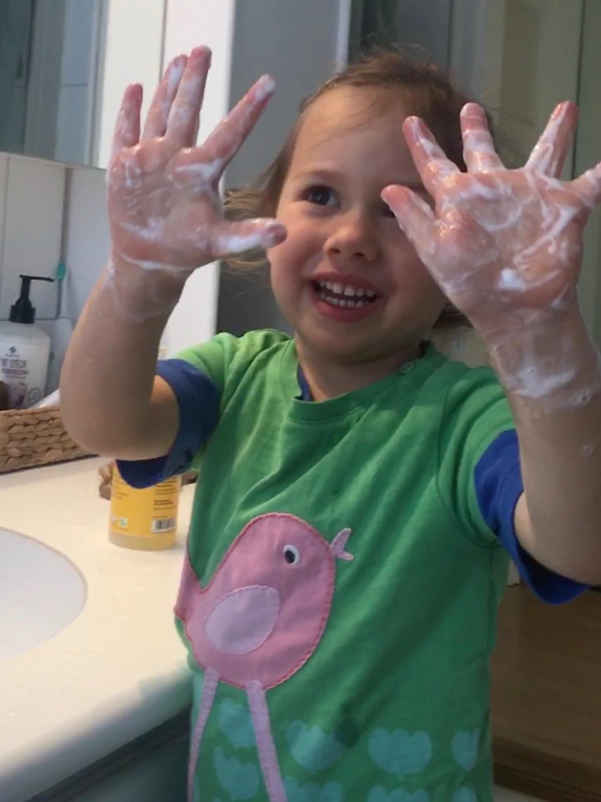 H is for Handwashing and Handwashing once again. Kaia. 