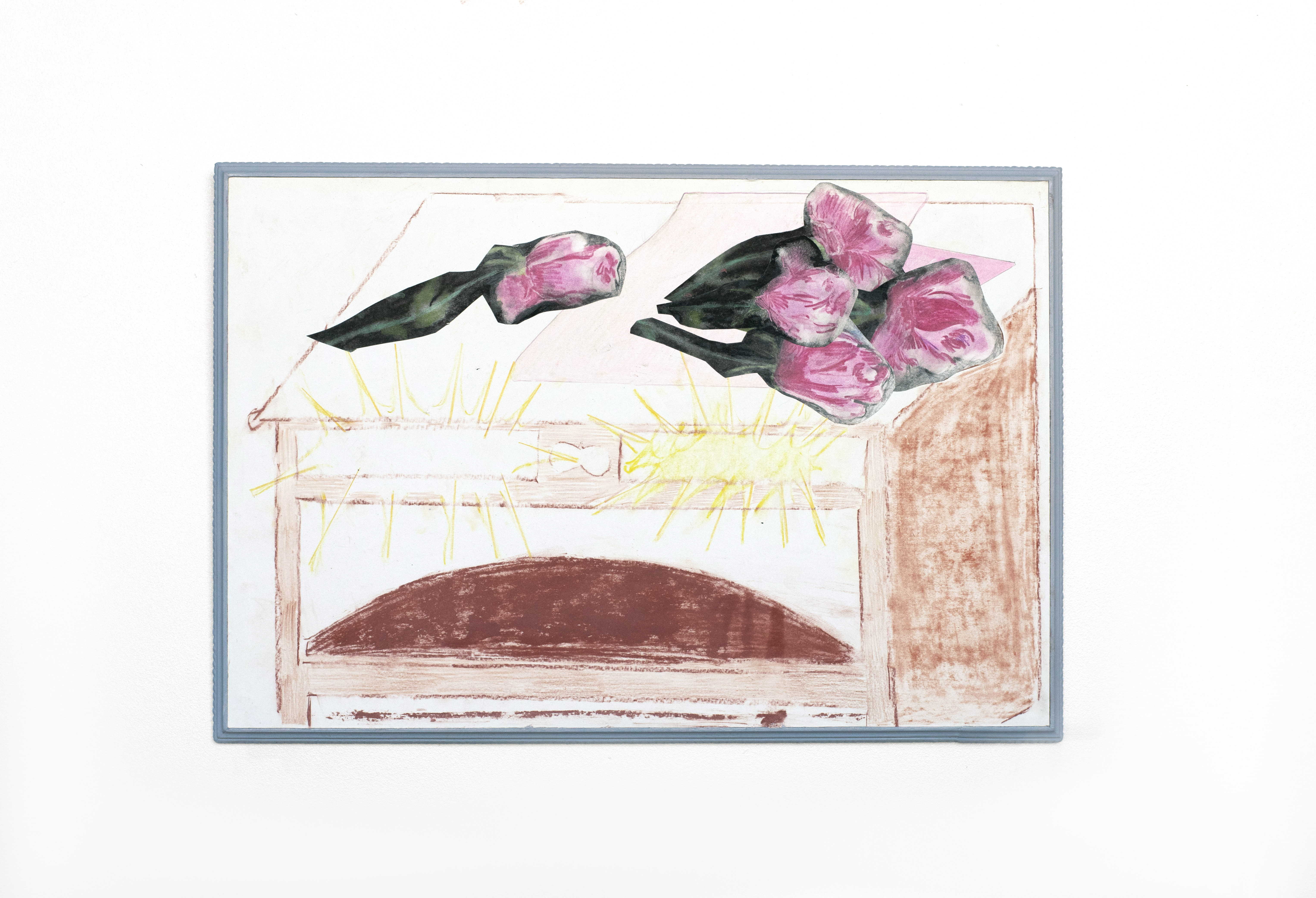 Tabletop, monotype, chalk and pencil crayon on paper, mounted on wood panel, 18.5" x 12.5", 2022