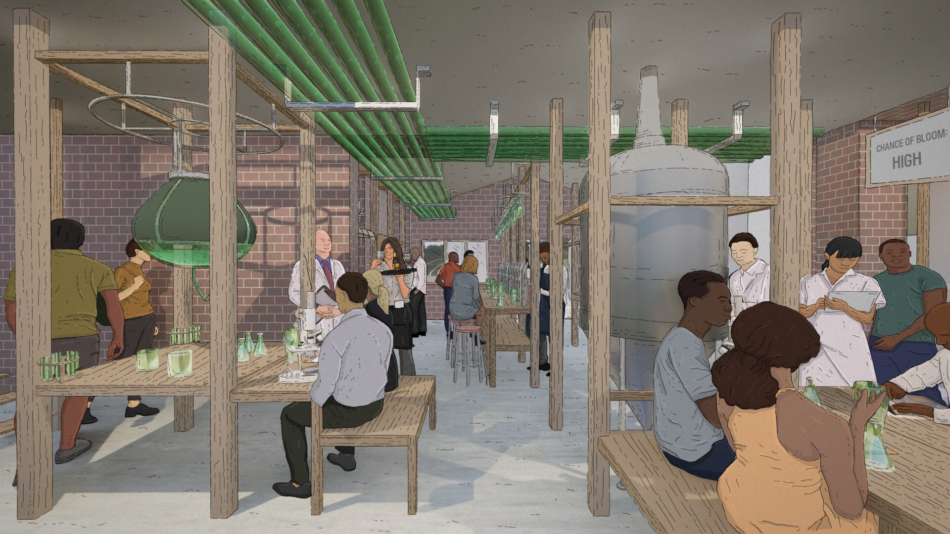 Inside the Algae Pub and Lab, researching at the bar
