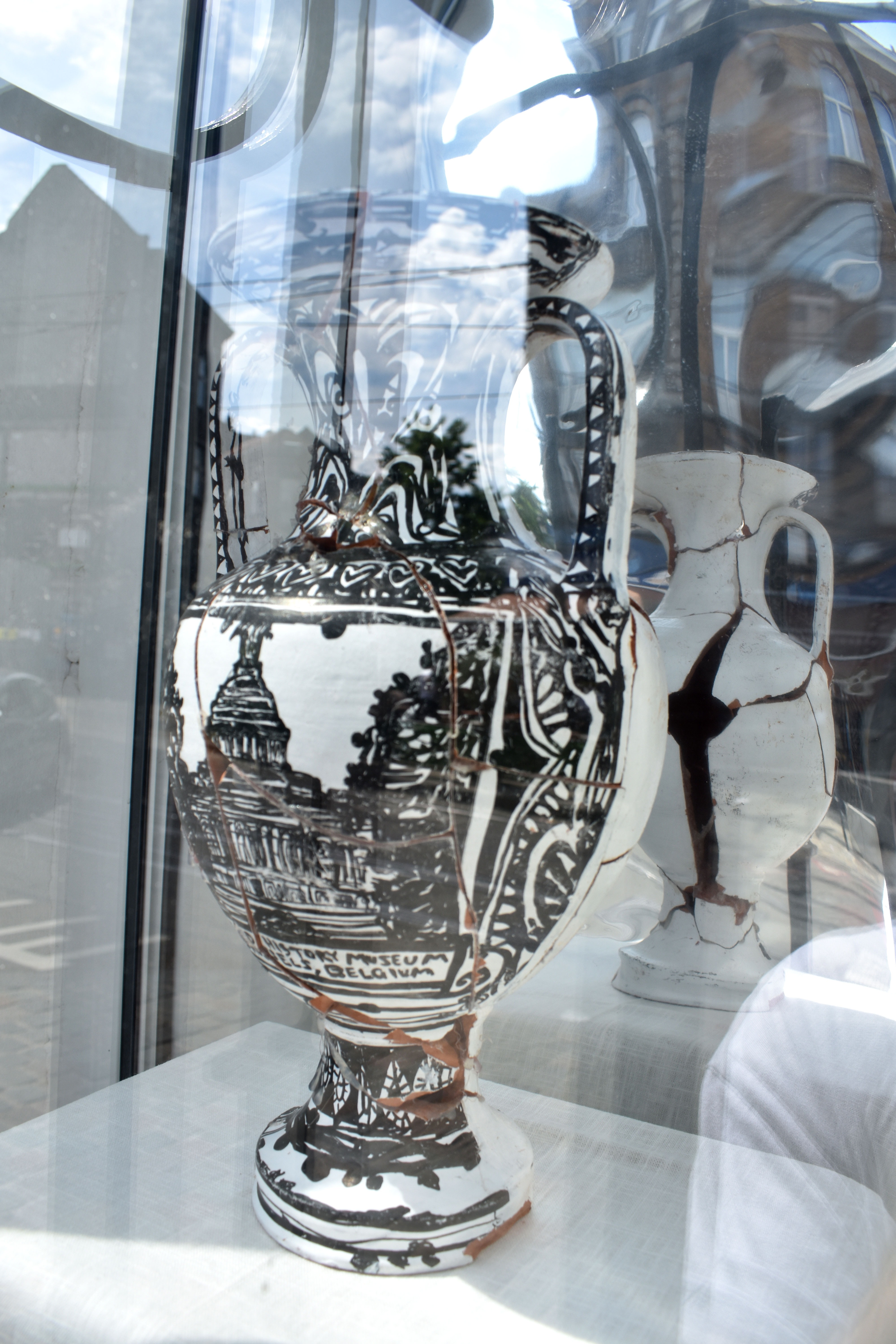 Installation of Reconstructed Amphora for The Art & History Museum in Brussels, Belgium (Los Angeles to London to Venice to Rome to Brussels), acrylic paint, hot melt adhesive, terracotta, 2024