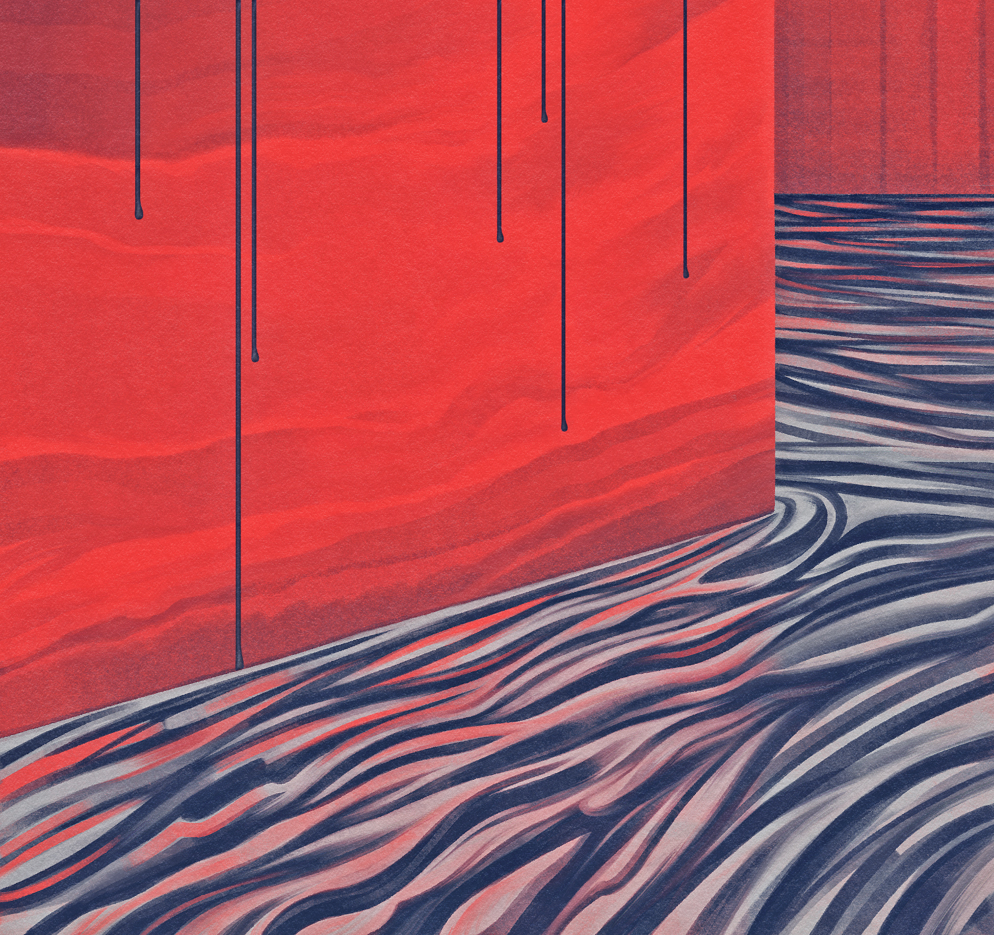 Pools of liquid metal formed by mercury oozing out from cinnabar-covered walls